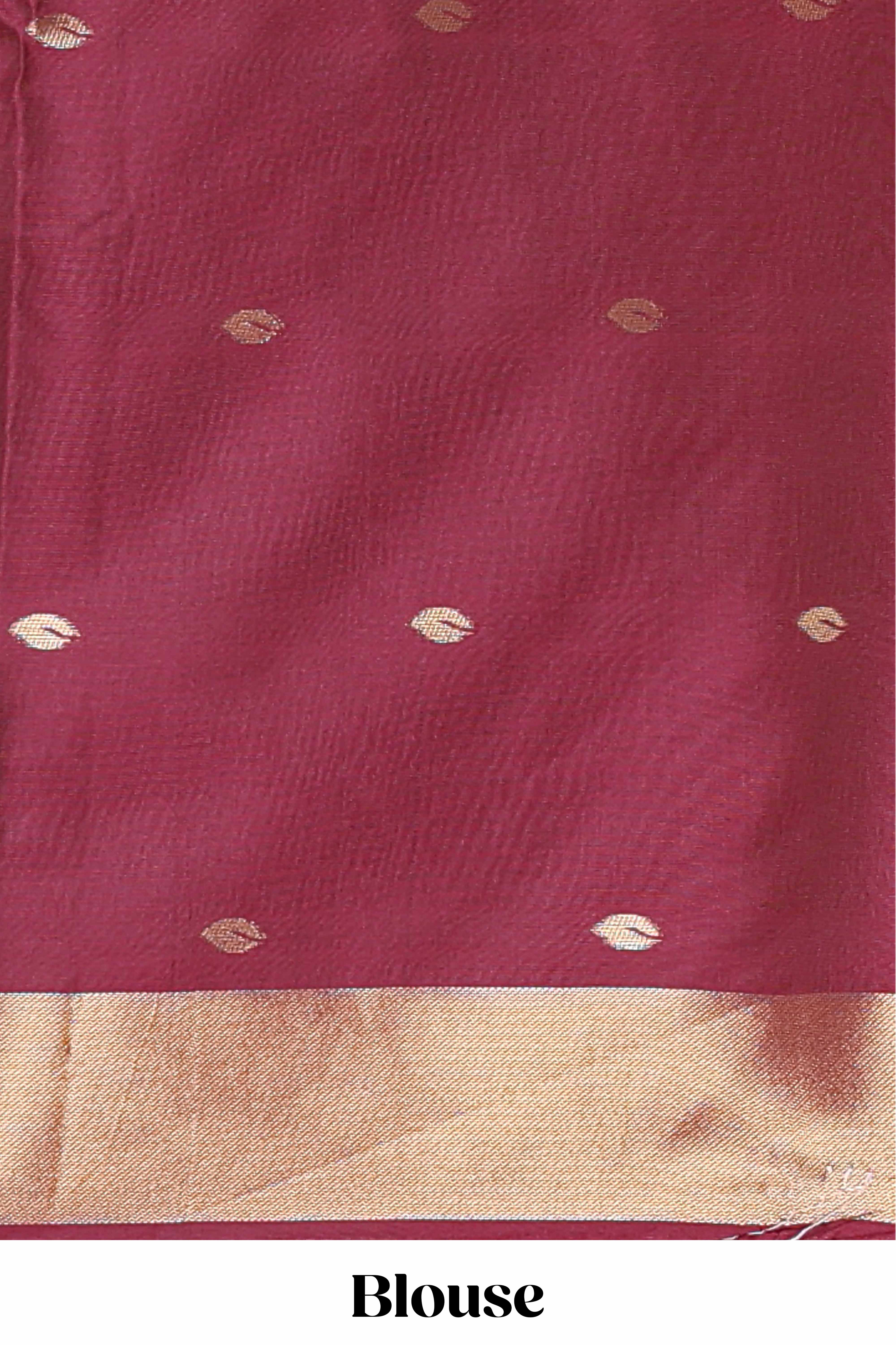 Borderless maroon leaf zari butta and birds design semi soft silk saree with self pallu and matching blouse
