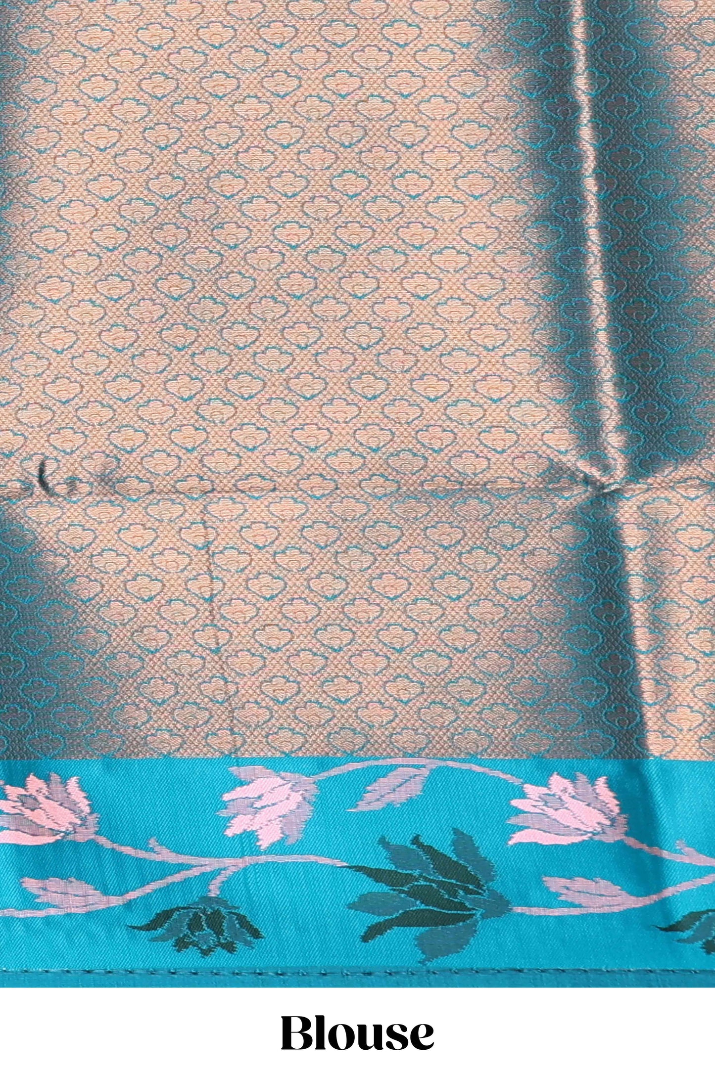 Baby pink floral motifs litchi silk saree with contrast floral vine border and blouse