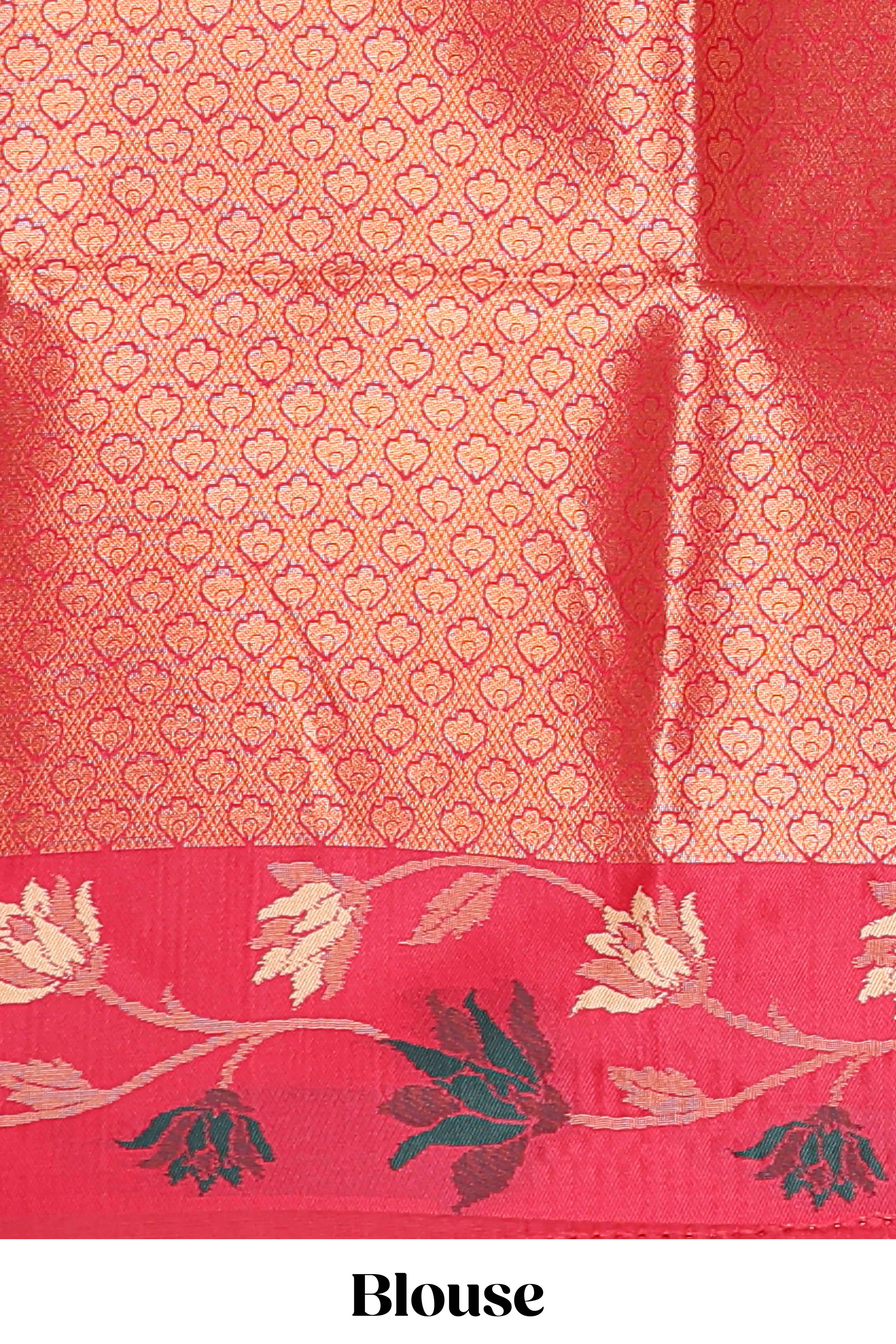 Sandal floral motifs litchi silk saree with contrast floral vine border and blouse