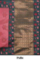 Pink floral motifs litchi silk saree with contrast floral vine border and blouse