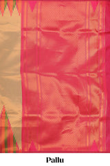 Golden plain litchi silk saree with contrast multi color ikkat style border and blouse