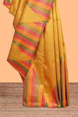Mustard plain litchi silk saree with contrast multi color ikkat style border and blouse
