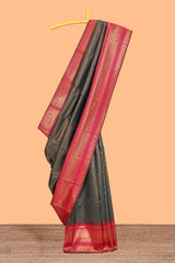 Black zari textured litchi silk saree with contrast zari border and floral motifs blouse