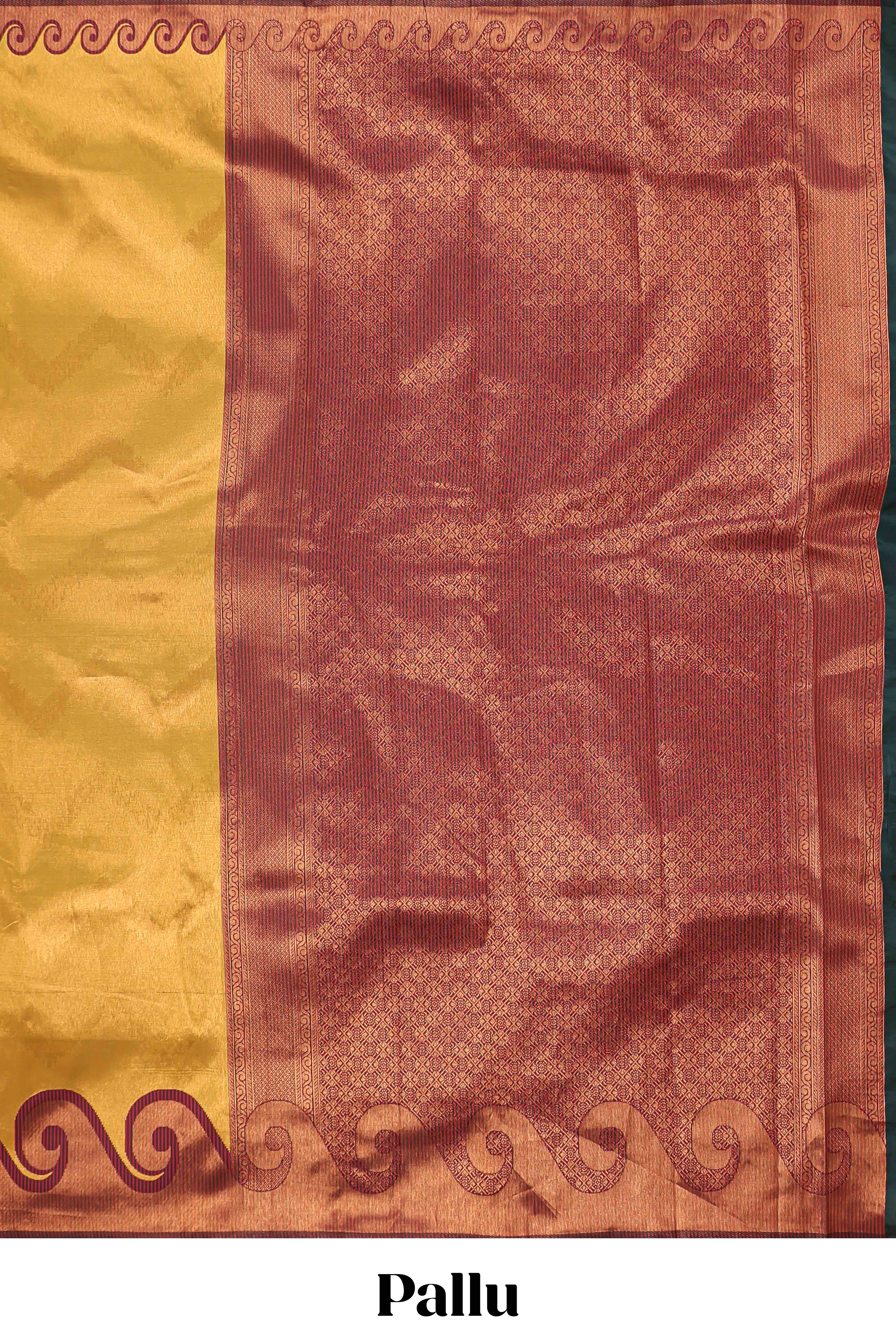 Yellow chevron zari design litchi silk saree with contrast swirl shape zari border and blouse