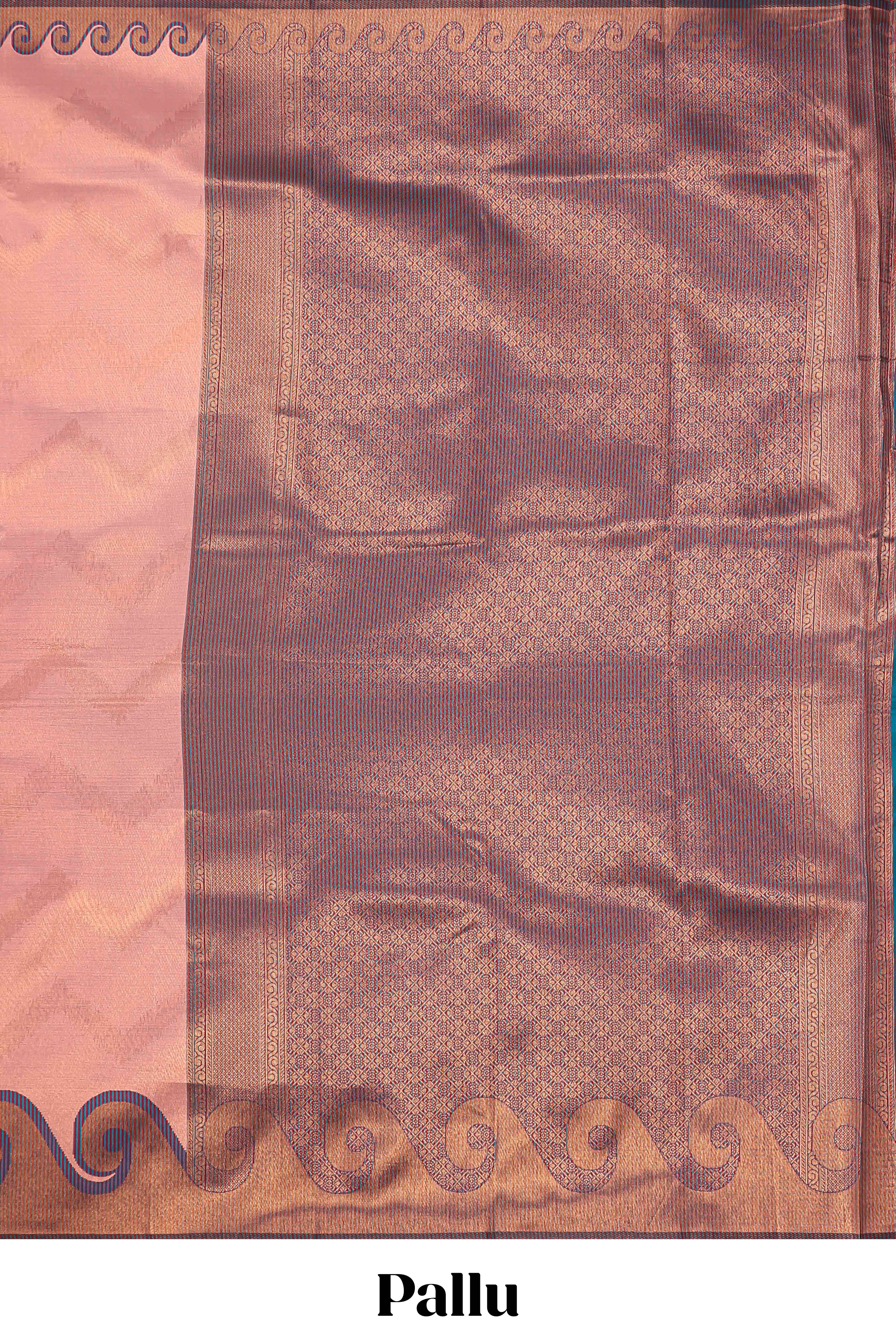Pink chevron zari design litchi silk saree with contrast swirl shape zari border and blouse