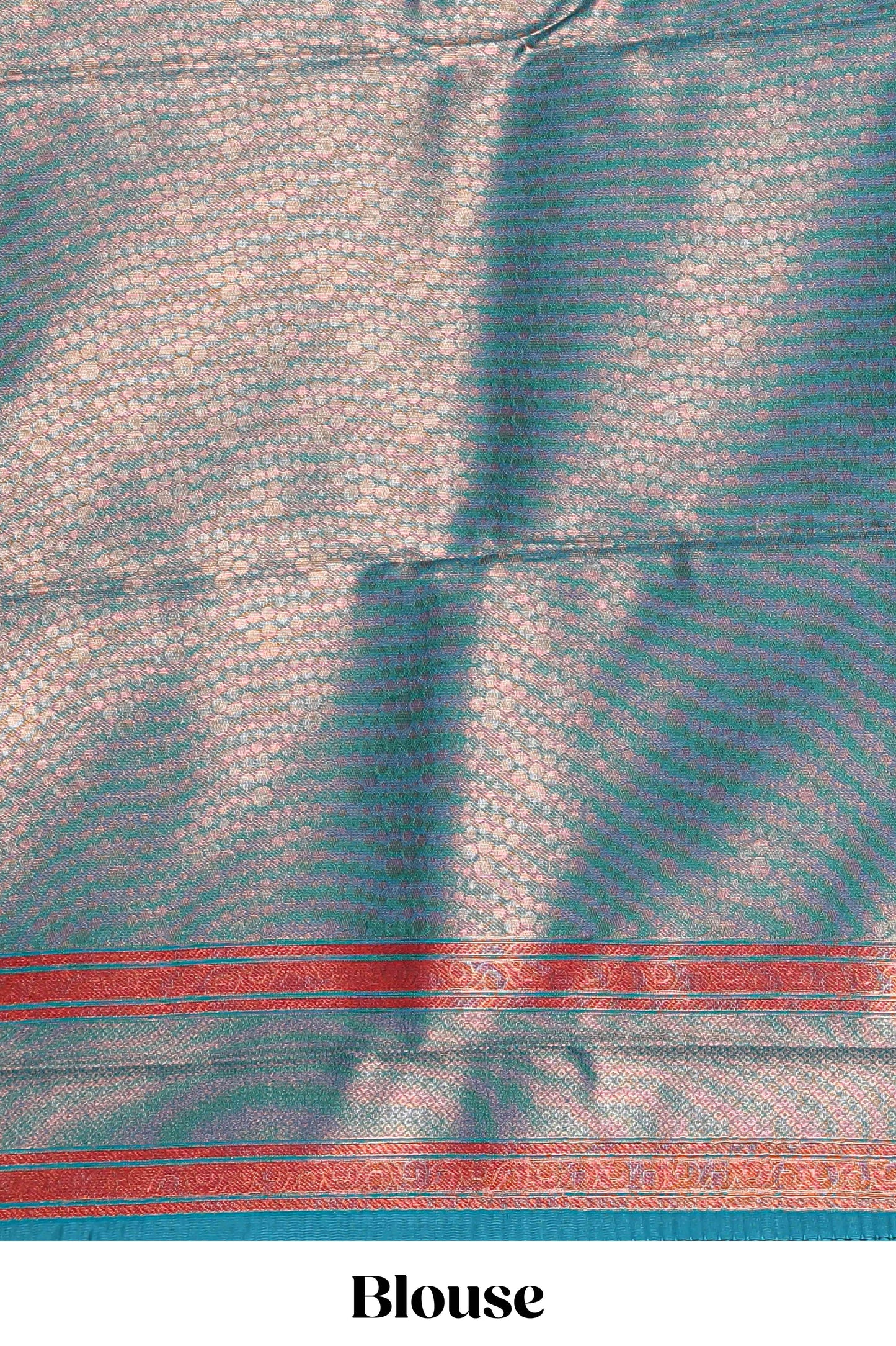 Pink chevron zari design litchi silk saree with contrast swirl shape zari border and blouse