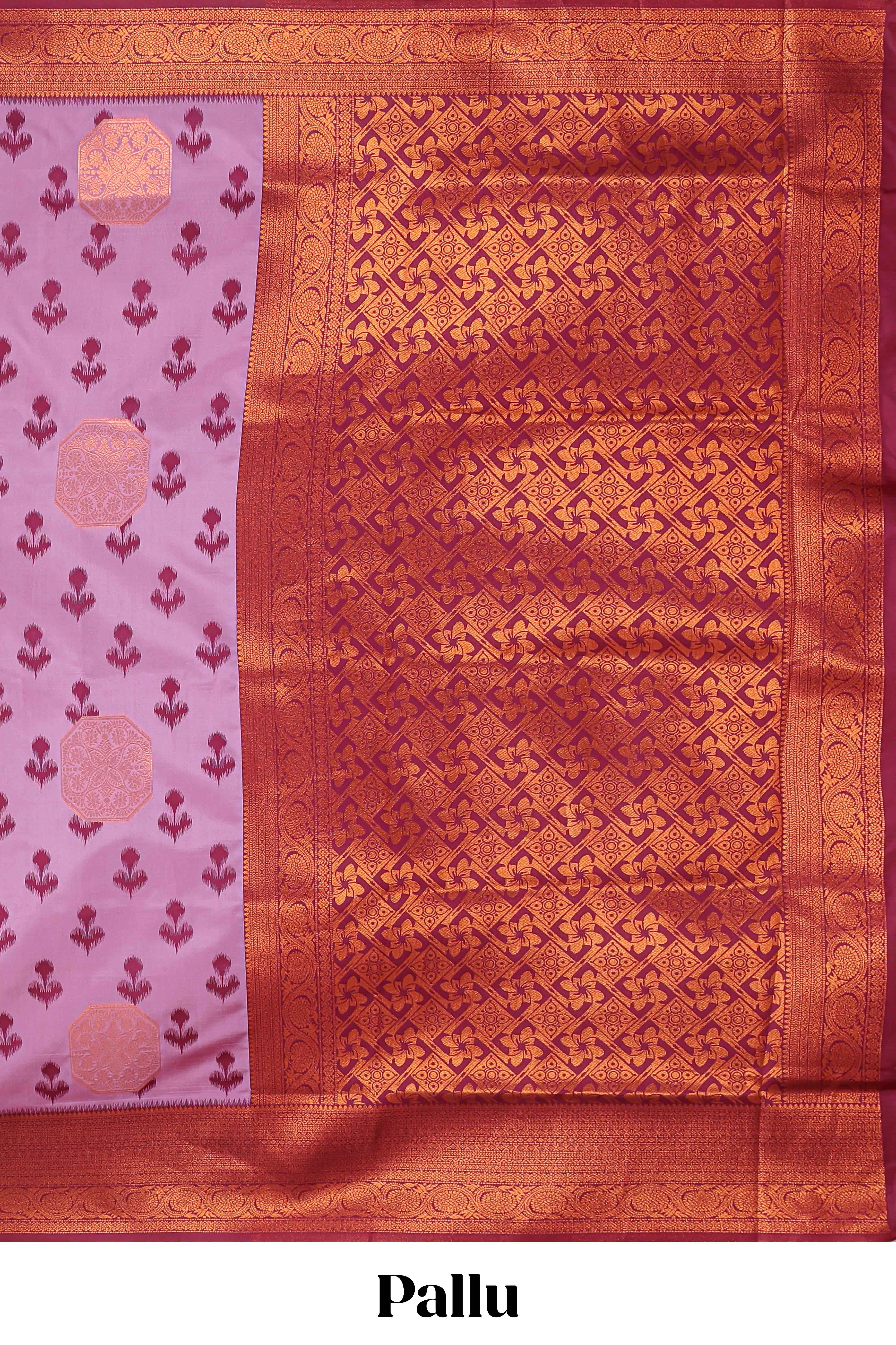 Lavender floral design zari motifs litchi silk saree with contrast zari border and blouse