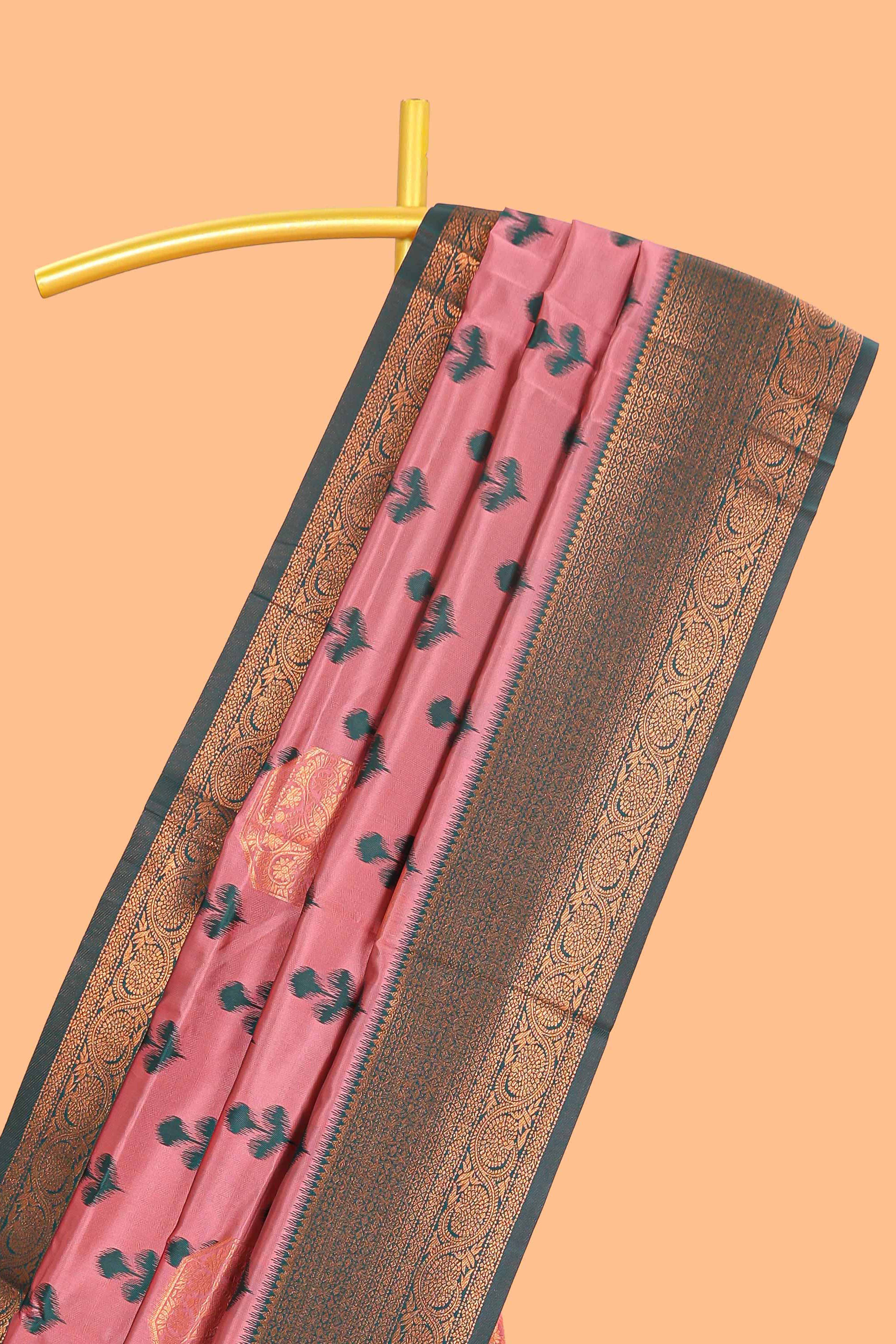 Pink floral design zari motifs litchi silk saree with contrast zari border and blouse