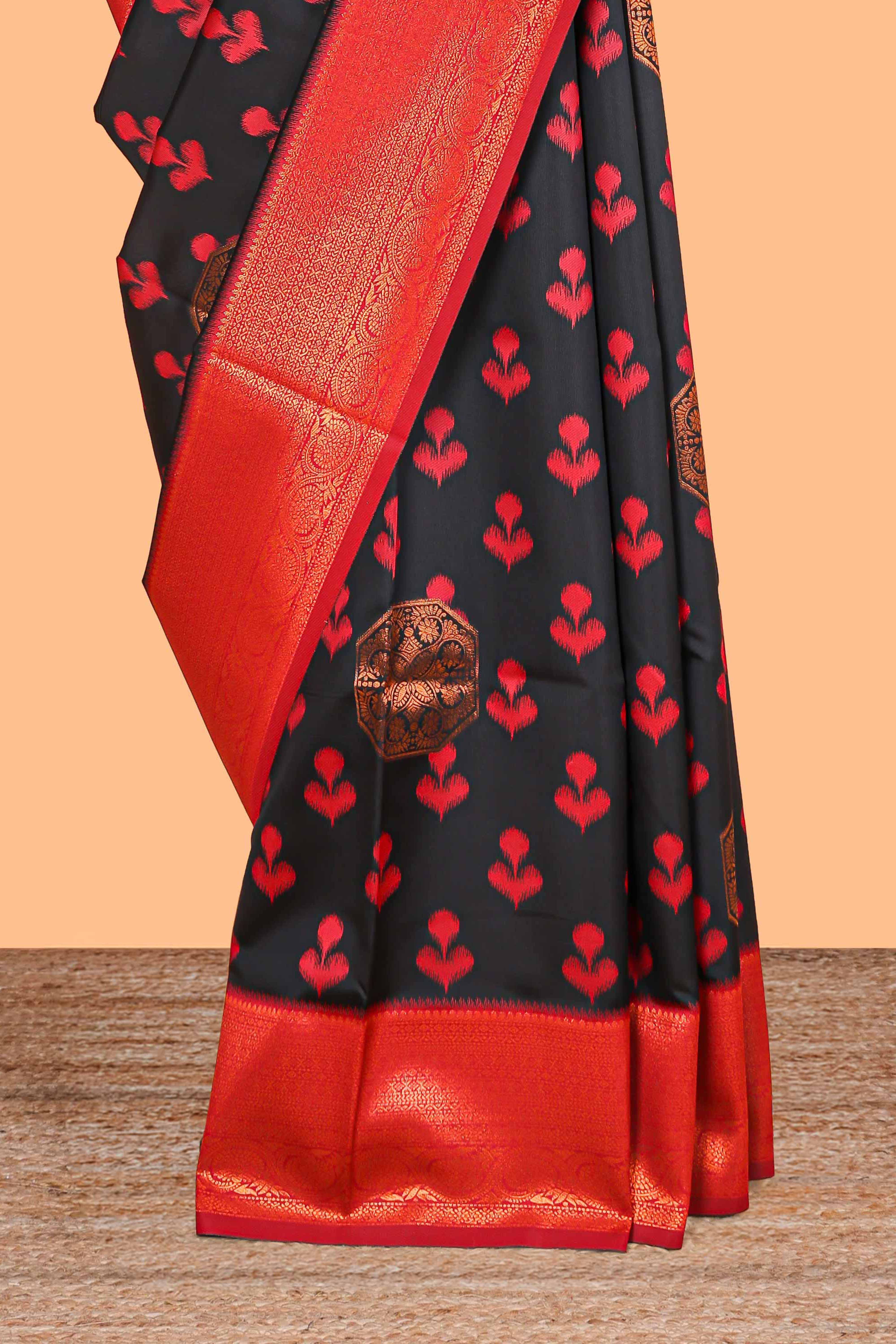Black floral design zari motifs litchi silk saree with contrast zari border and blouse