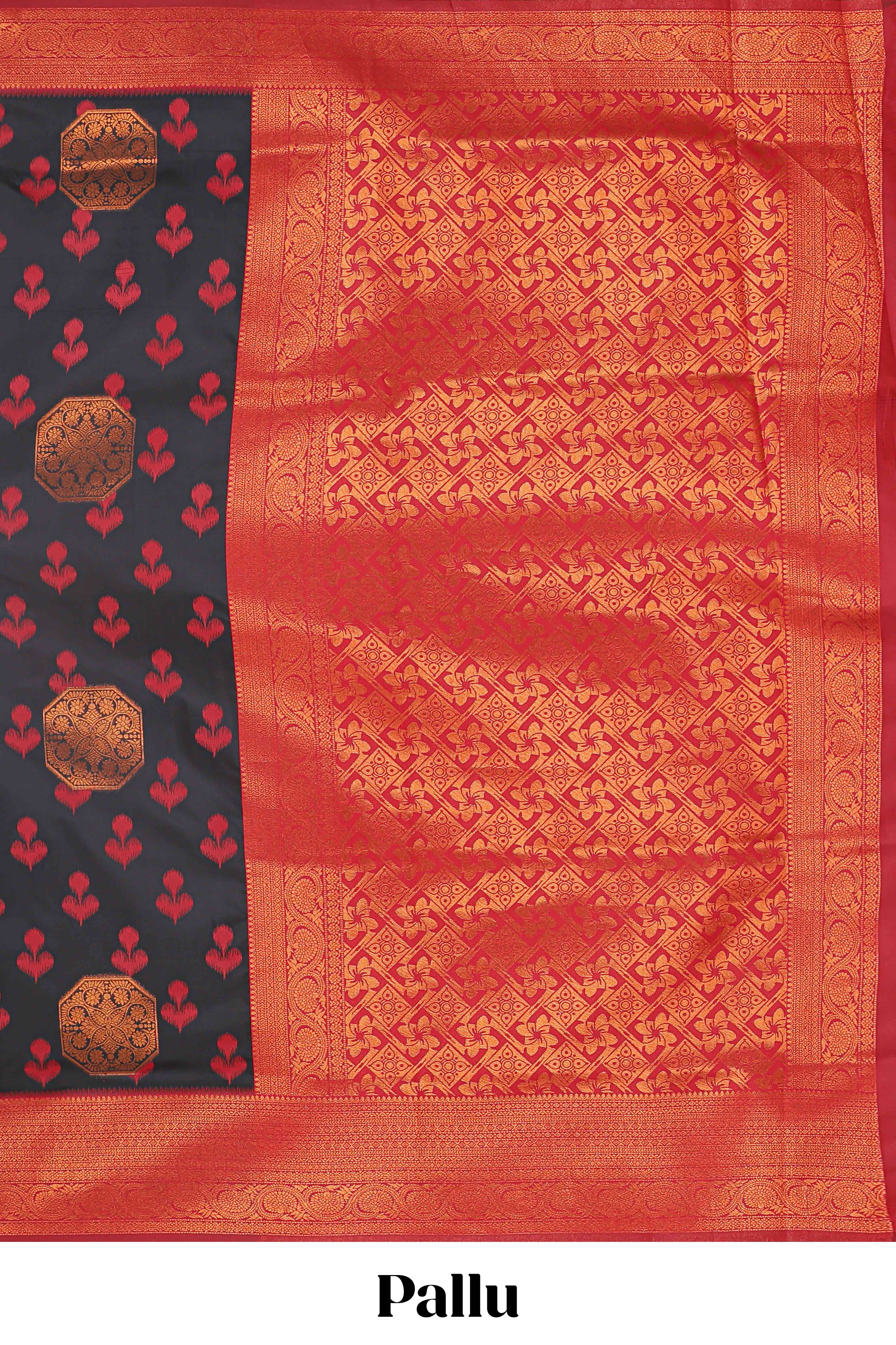 Black floral design zari motifs litchi silk saree with contrast zari border and blouse