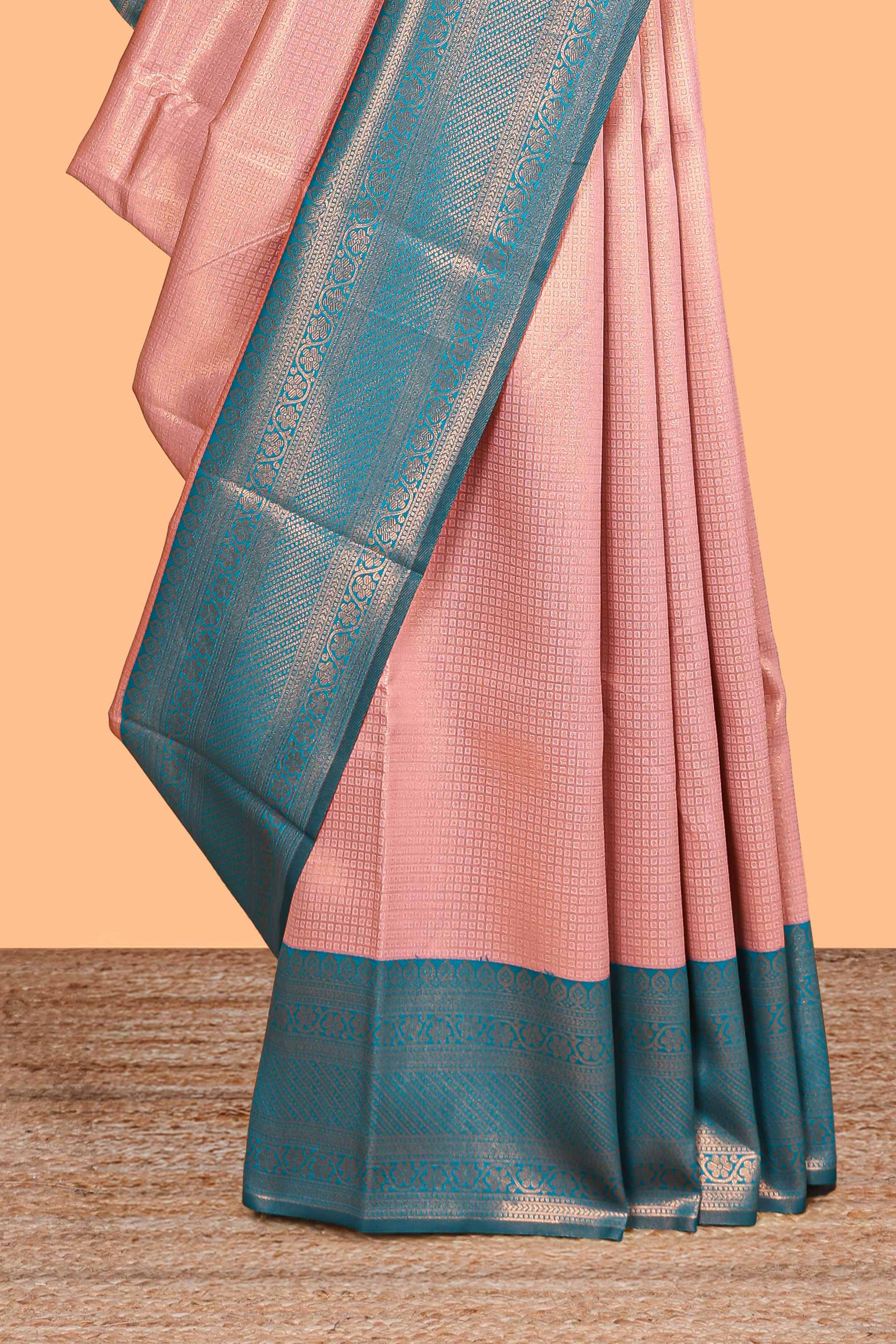 Pink small zari checked design litchi silk saree with contrast zari border and blouse
