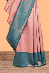 Pink small zari checked design litchi silk saree with contrast zari border and blouse
