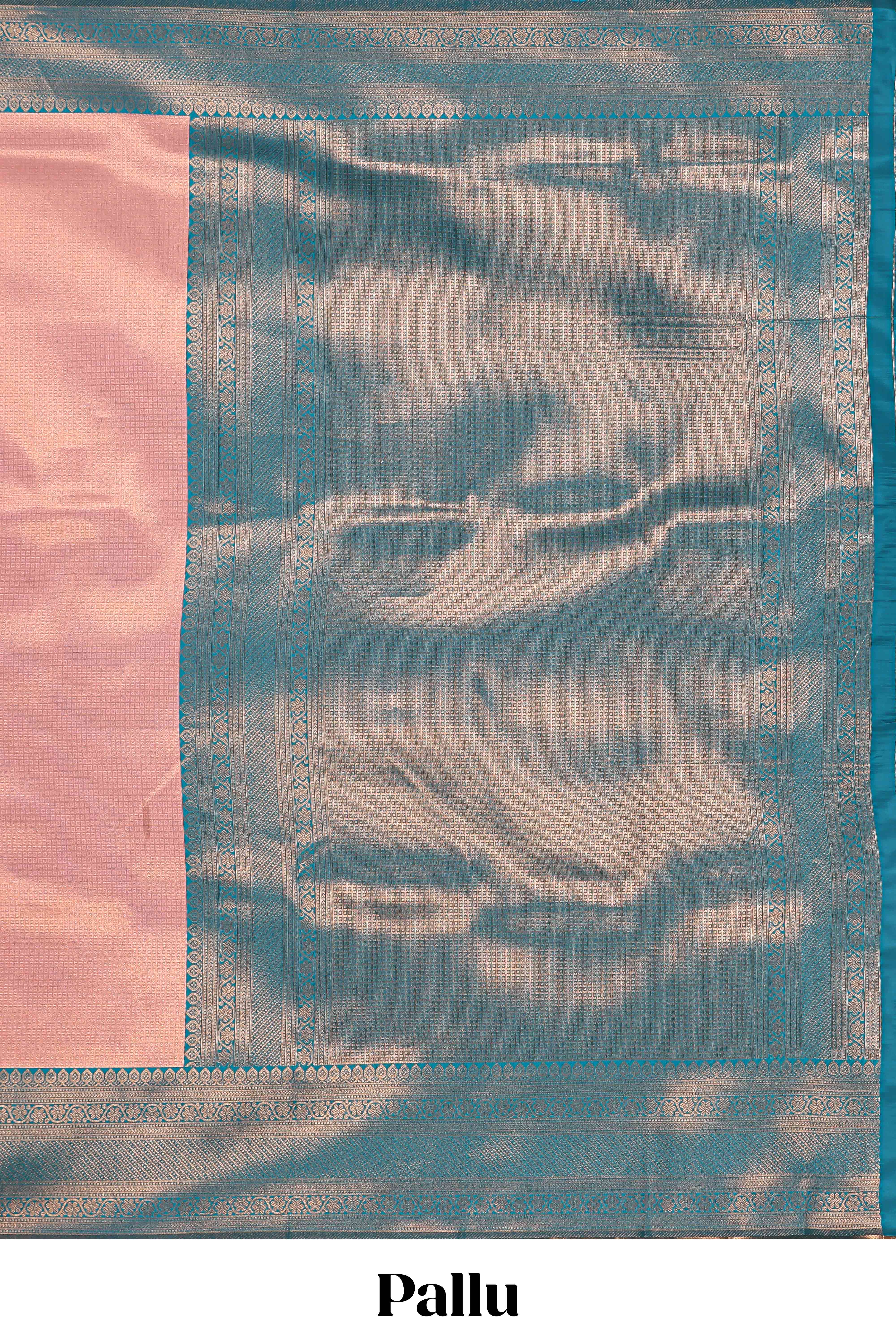 Pink small zari checked design litchi silk saree with contrast zari border and blouse