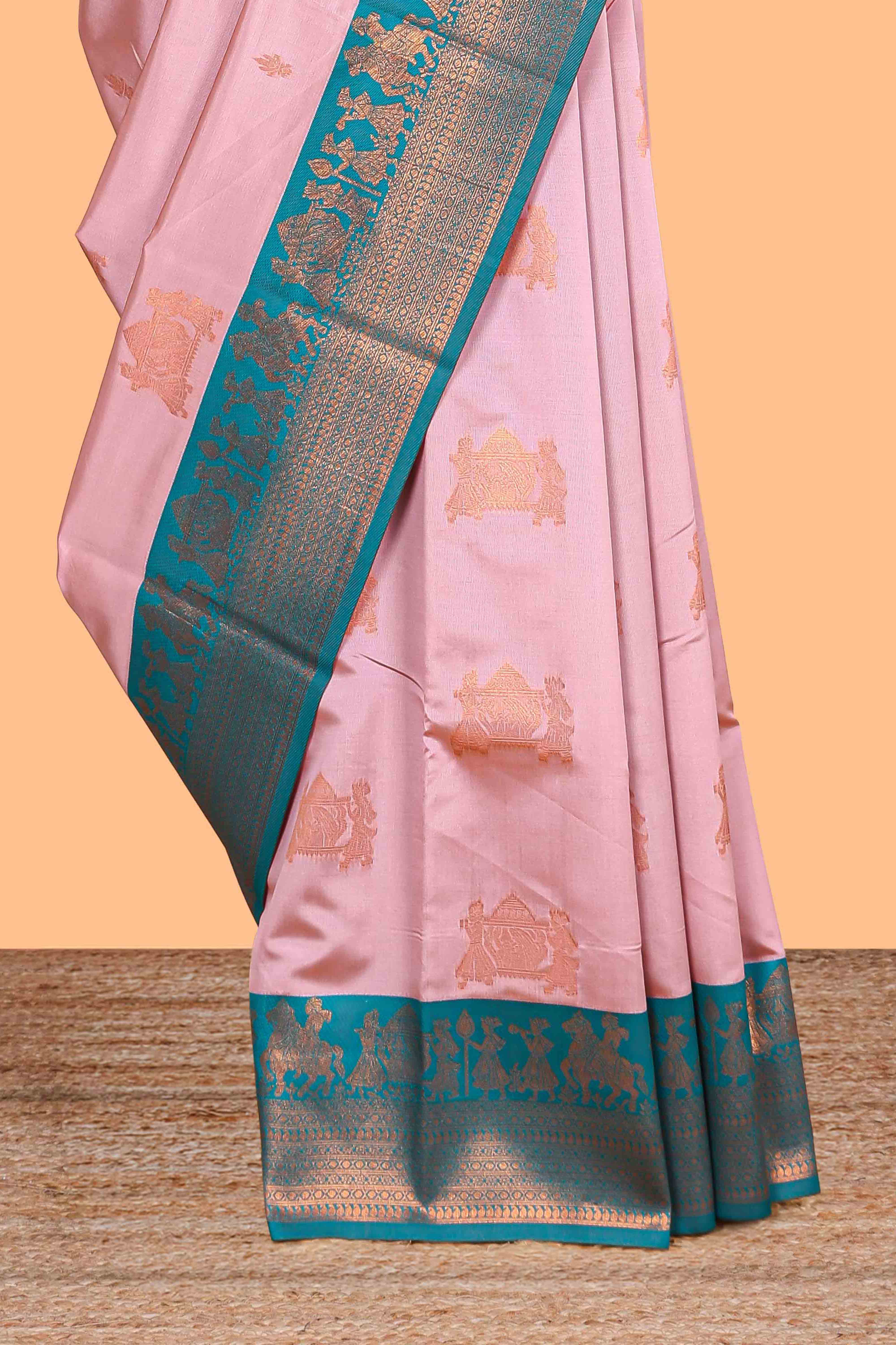 Pink pallakku design zari buttas litchi silk saree with contrast zari border and blouse