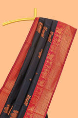 Black pallakku design zari buttas litchi silk saree with contrast zari border and blouse