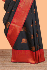 Black pallakku design zari buttas litchi silk saree with contrast zari border and blouse