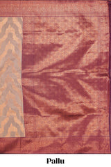 Beige chevron zari design litchi silk saree with contrast zari design border and contrast blouse