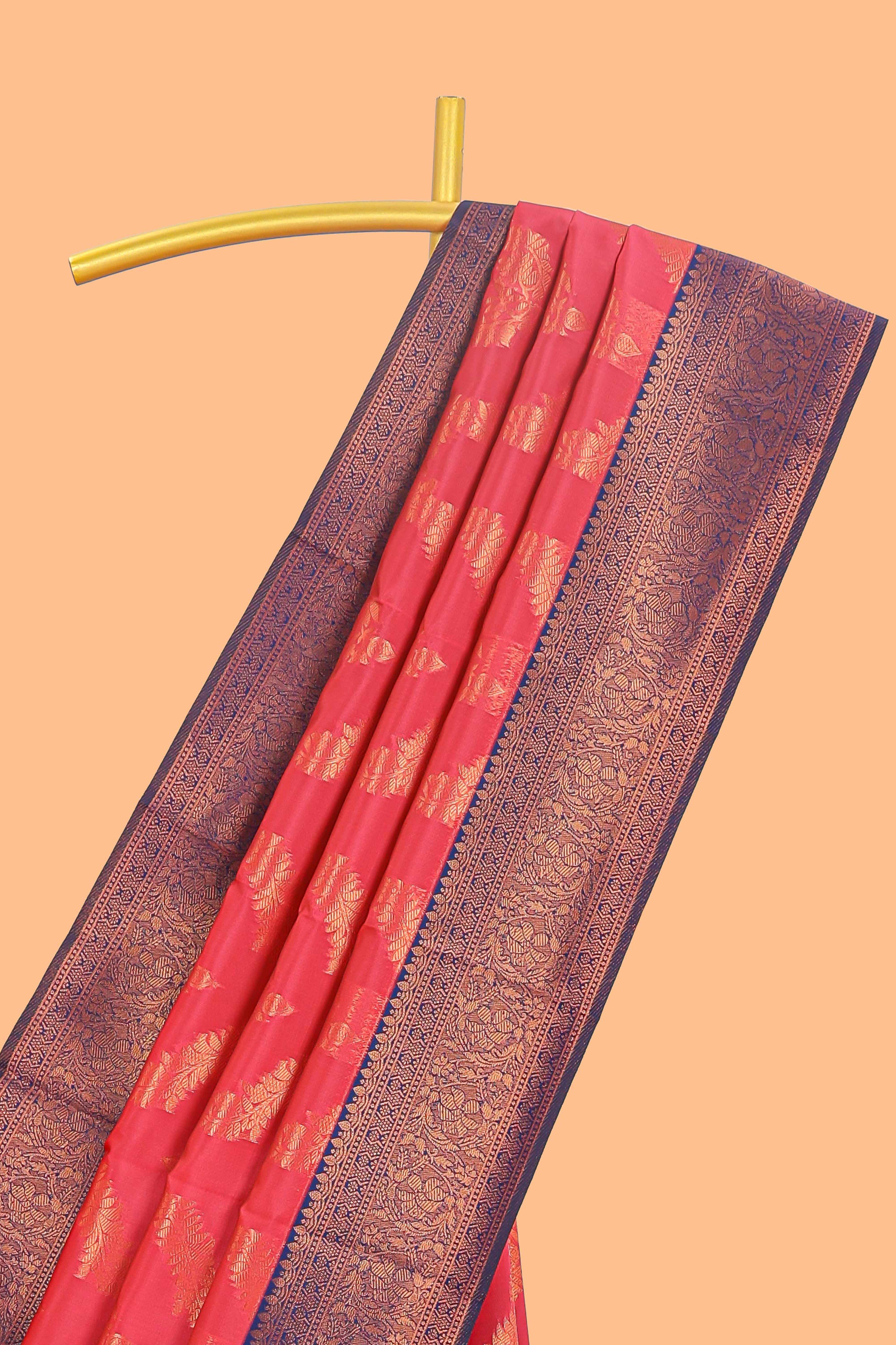 Red chevron zari design litchi silk saree with contrast zari design border and contrast blouse