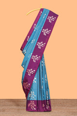 Blue striped floral zari design litchi silk saree with contrast zari design border and plain blouse