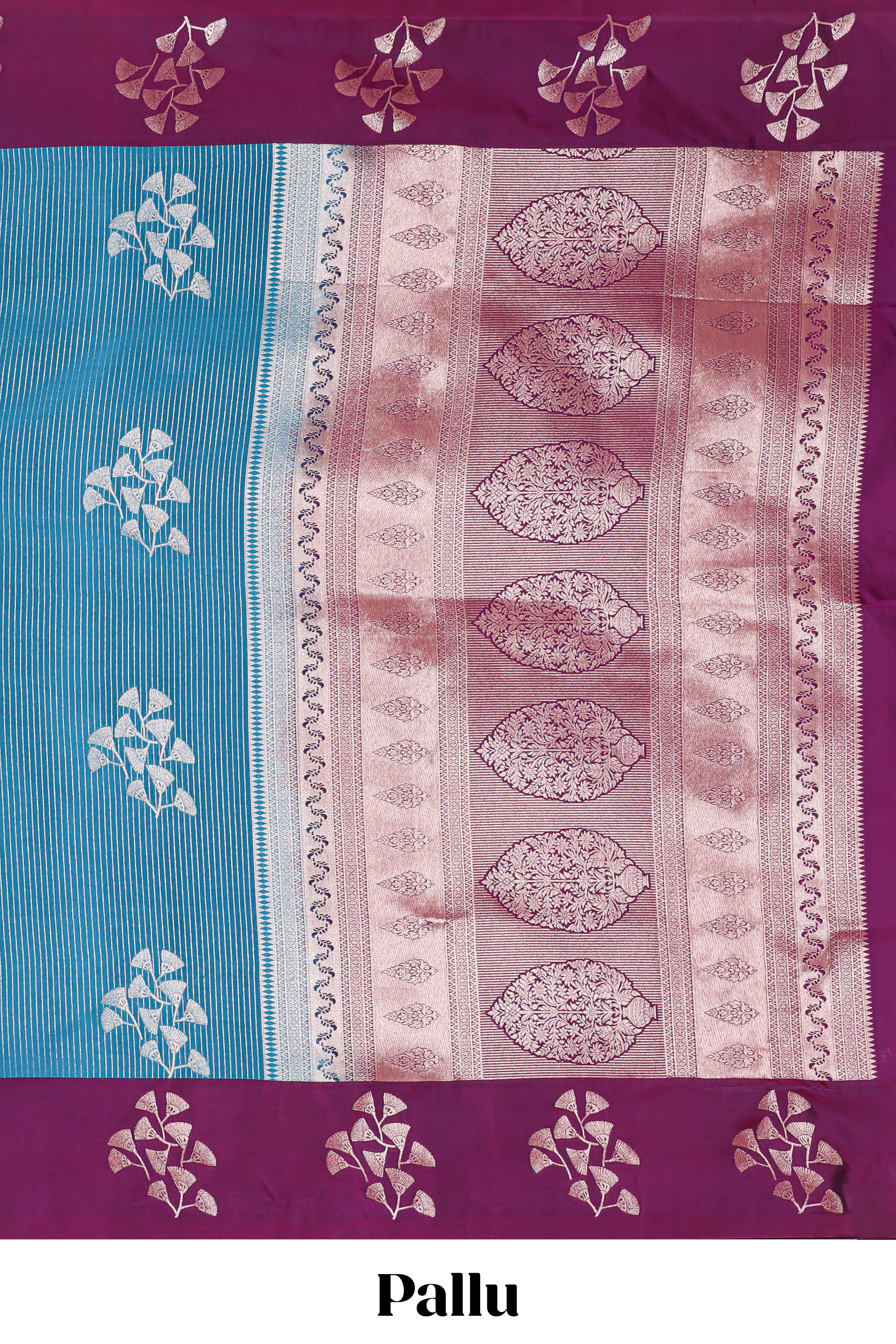 Blue striped floral zari design litchi silk saree with contrast zari design border and plain blouse
