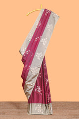 Maroon striped floral zari design litchi silk saree with contrast zari design border and plain blouse
