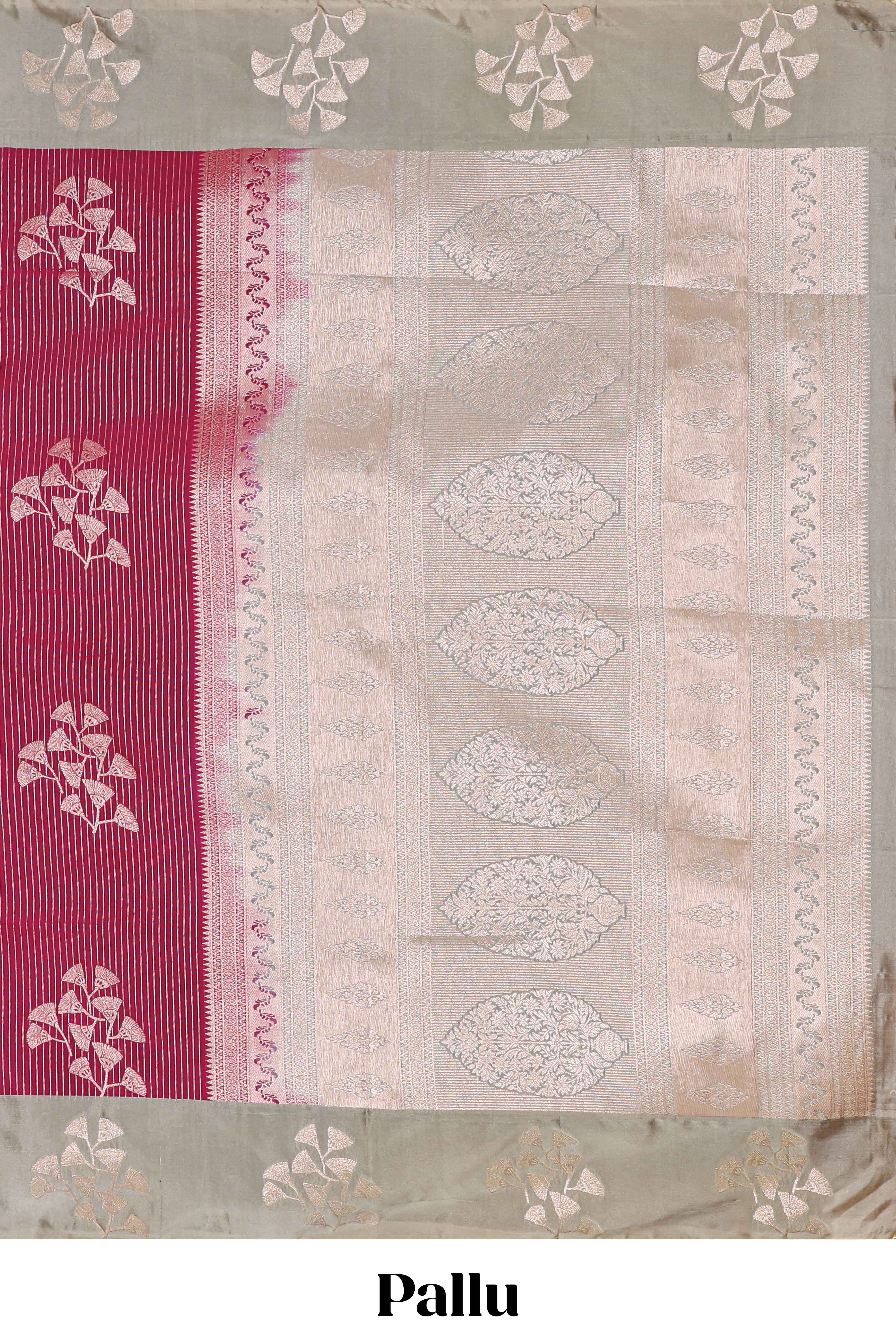 Maroon striped floral zari design litchi silk saree with contrast zari design border and plain blouse