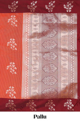 Orange striped floral zari design litchi silk saree with contrast zari design border and plain blouse