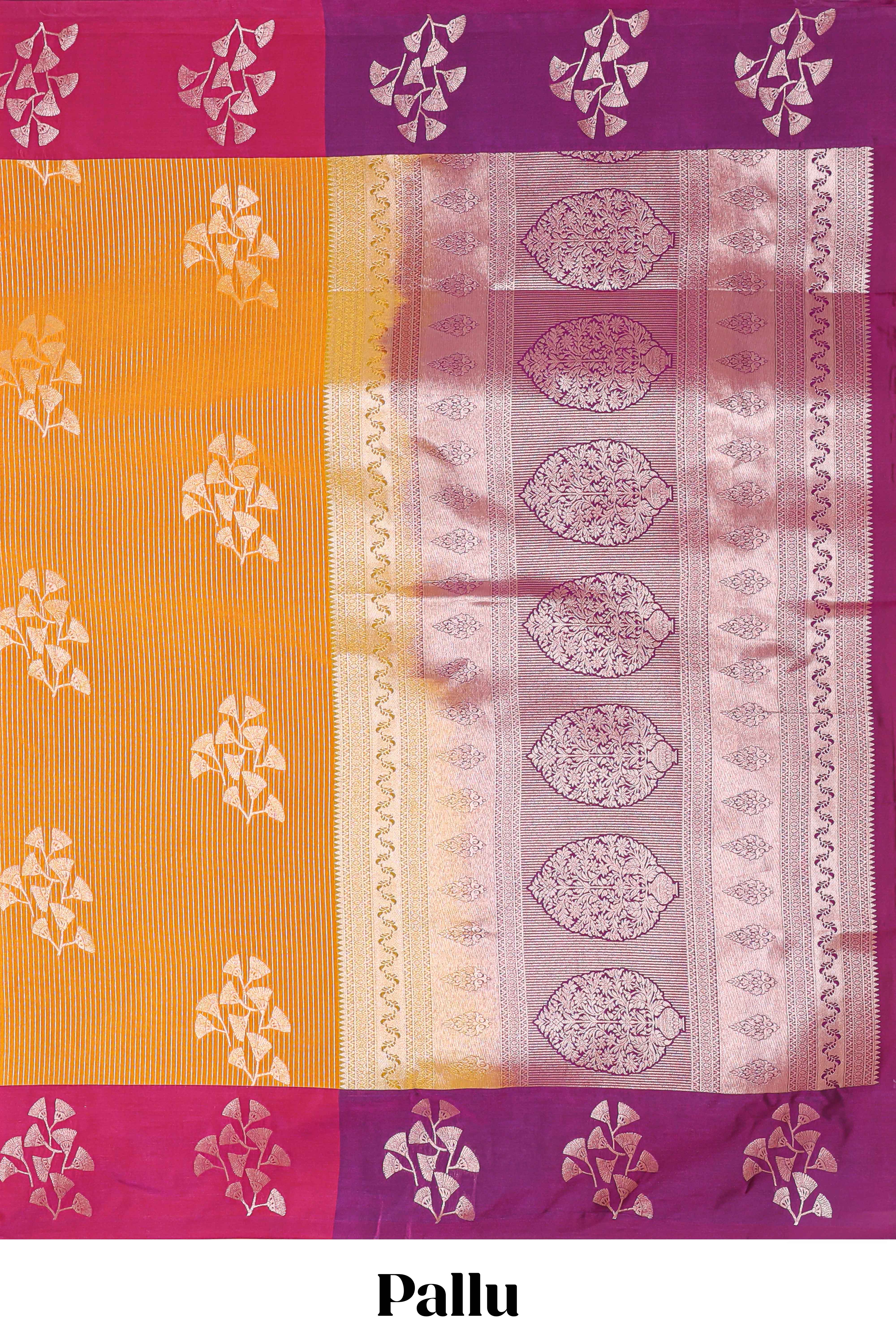 Mustard striped floral zari design litchi silk saree with contrast zari design border and plain blouse
