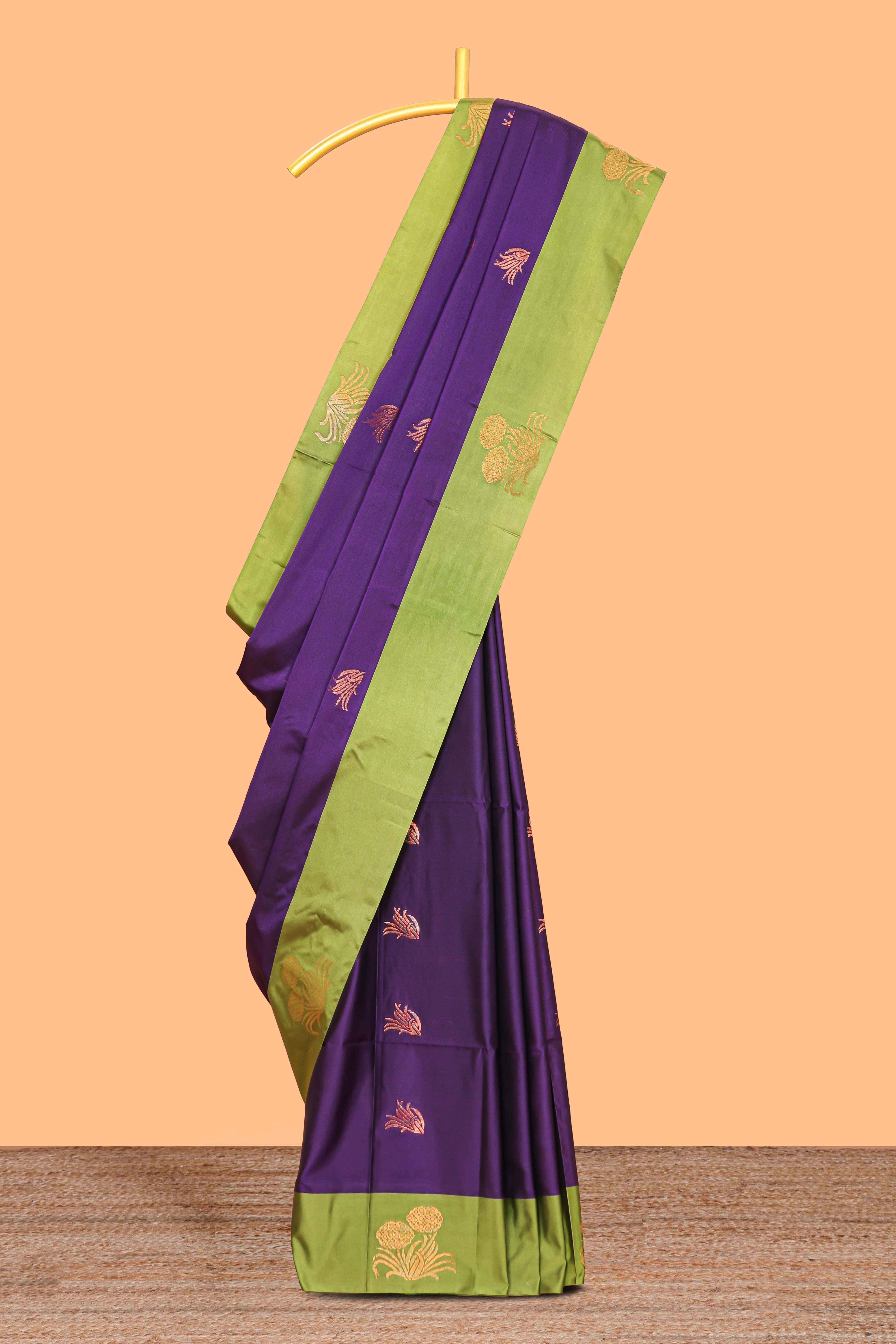 Purple zari motifs design litchi silk saree with contrast zari design border and plain blouse