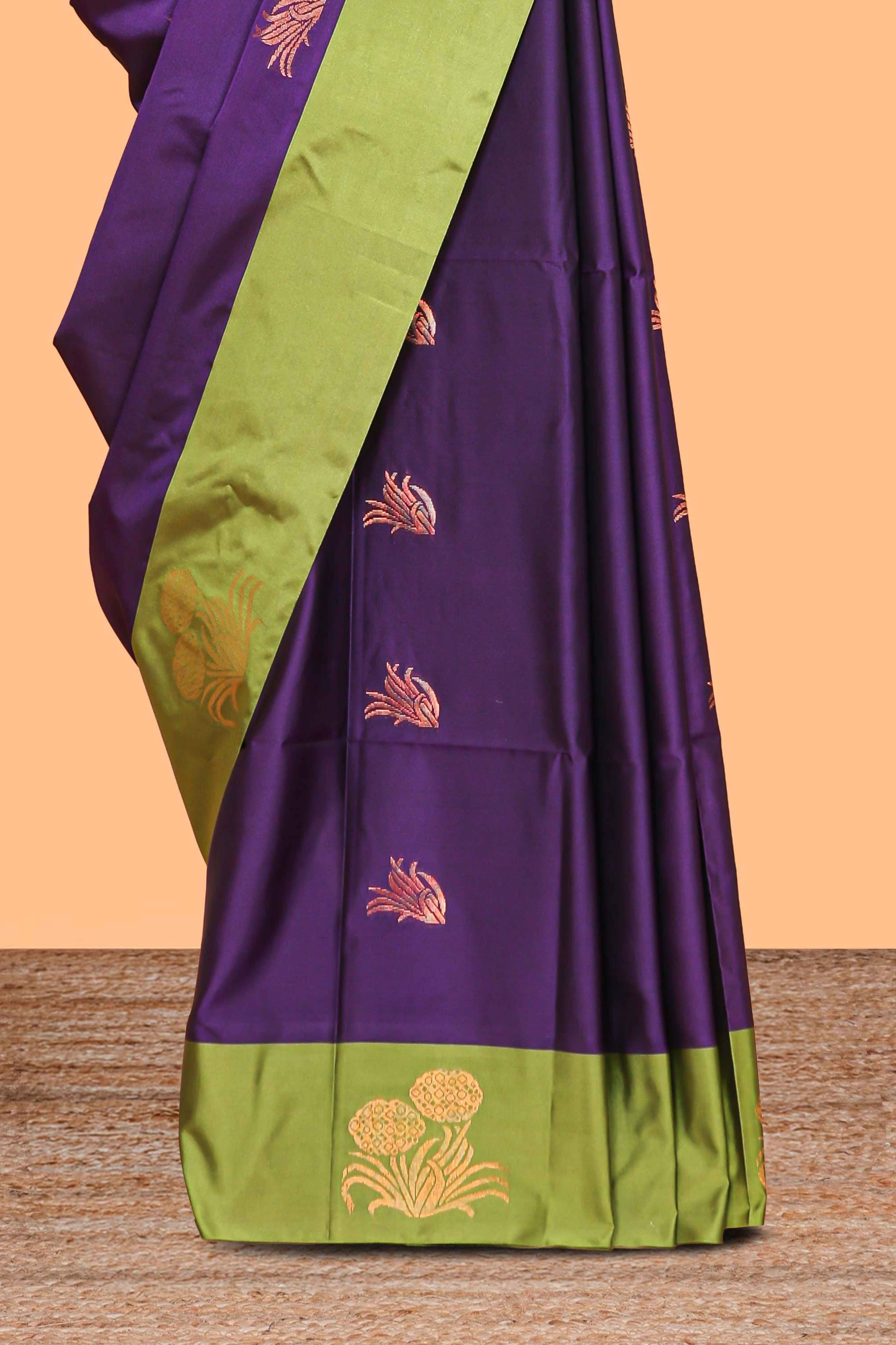 Purple zari motifs design litchi silk saree with contrast zari design border and plain blouse