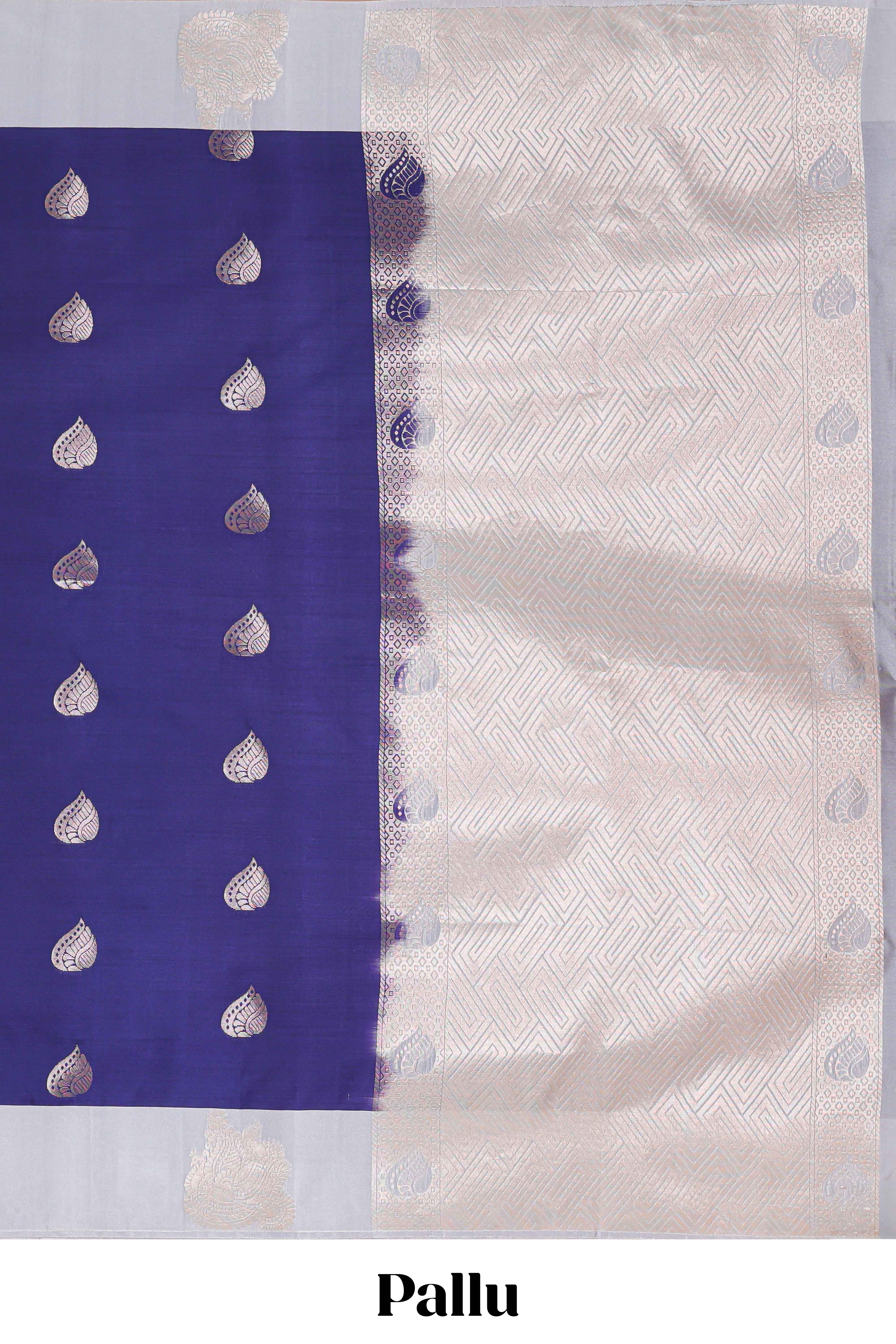 Blue zari motifs design litchi silk saree with contrast zari design border and plain blouse