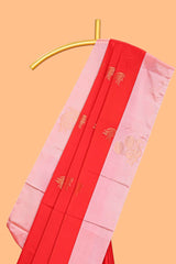 Red zari motifs design litchi silk saree with contrast zari design border and plain blouse
