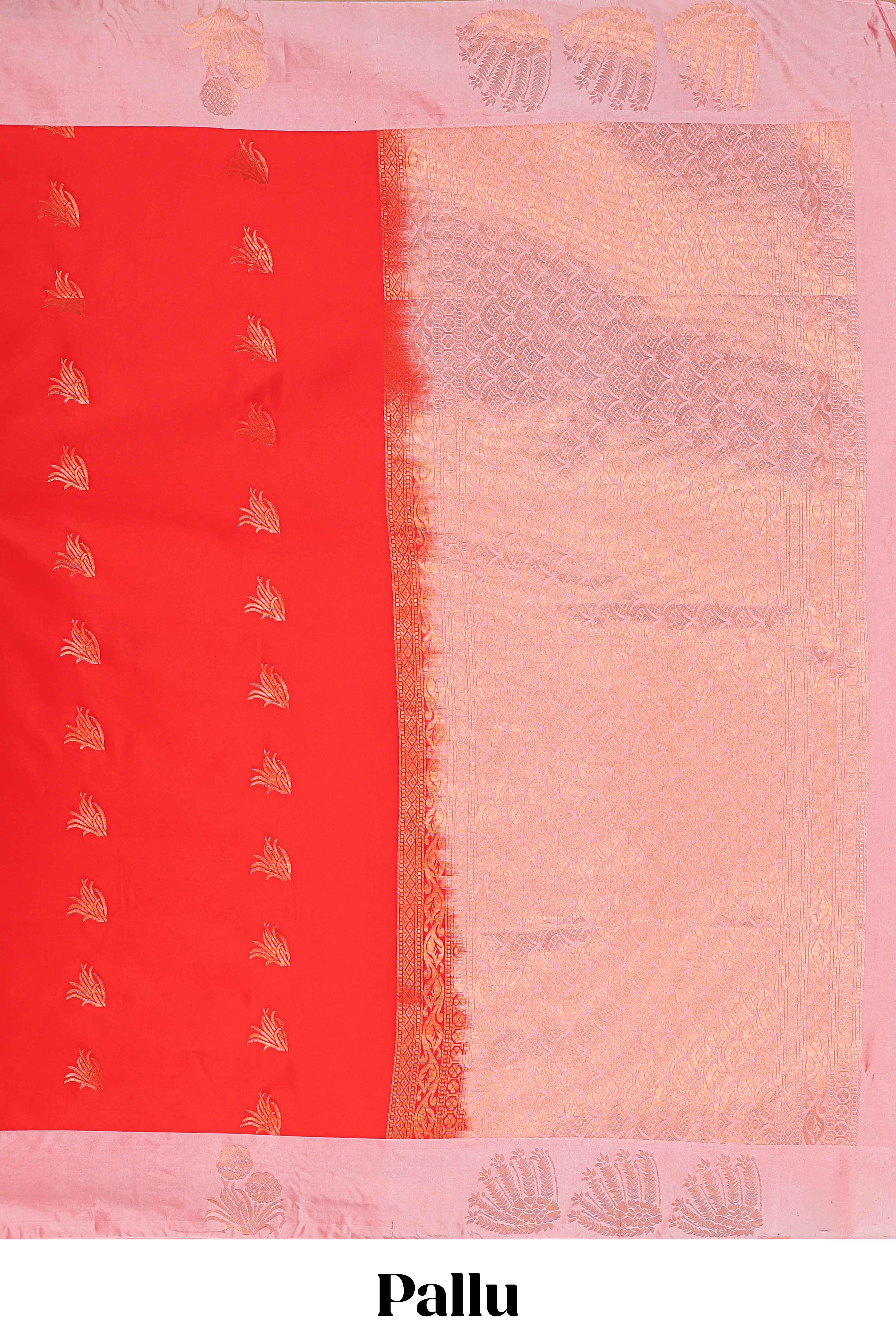 Red zari motifs design litchi silk saree with contrast zari design border and plain blouse