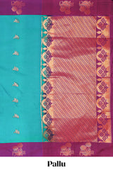 Ocean blue zari motifs design litchi silk saree with contrast zari design border and plain blouse