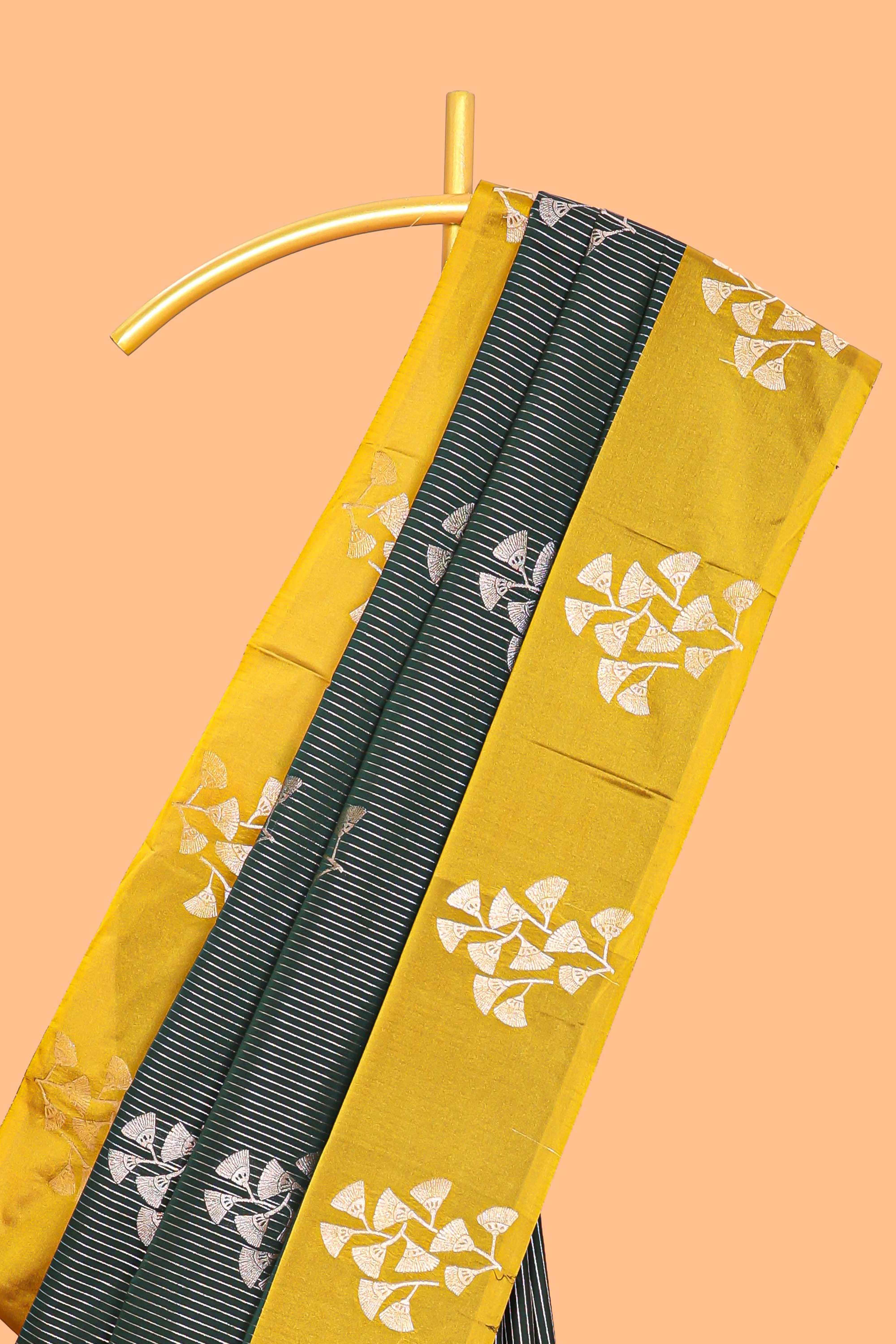 Green striped zari motifs design litchi silk saree with contrast zari design border and plain blouse