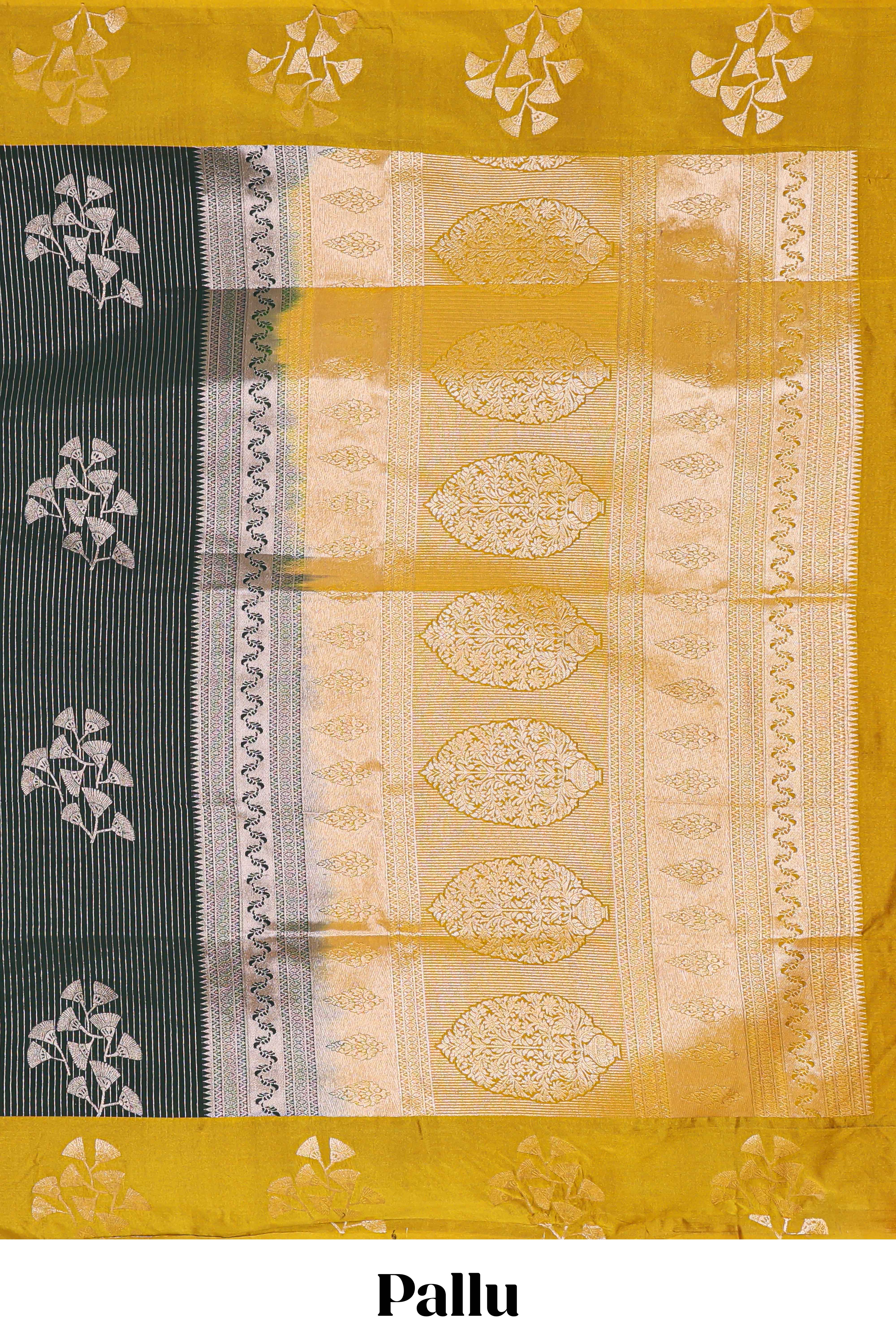 Green striped zari motifs design litchi silk saree with contrast zari design border and plain blouse