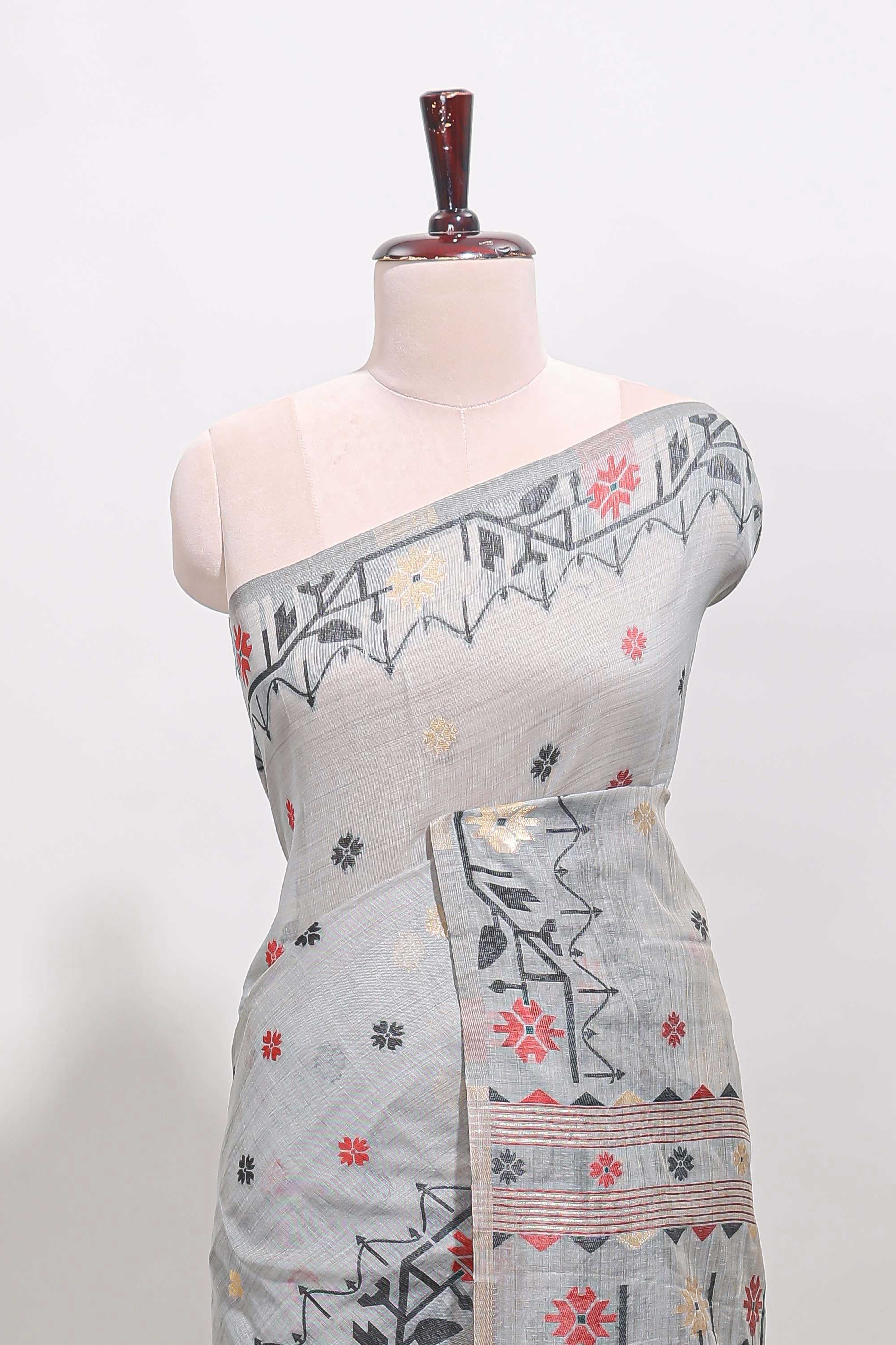 Grey floral motifs munga cotton saree with self border matching blouse