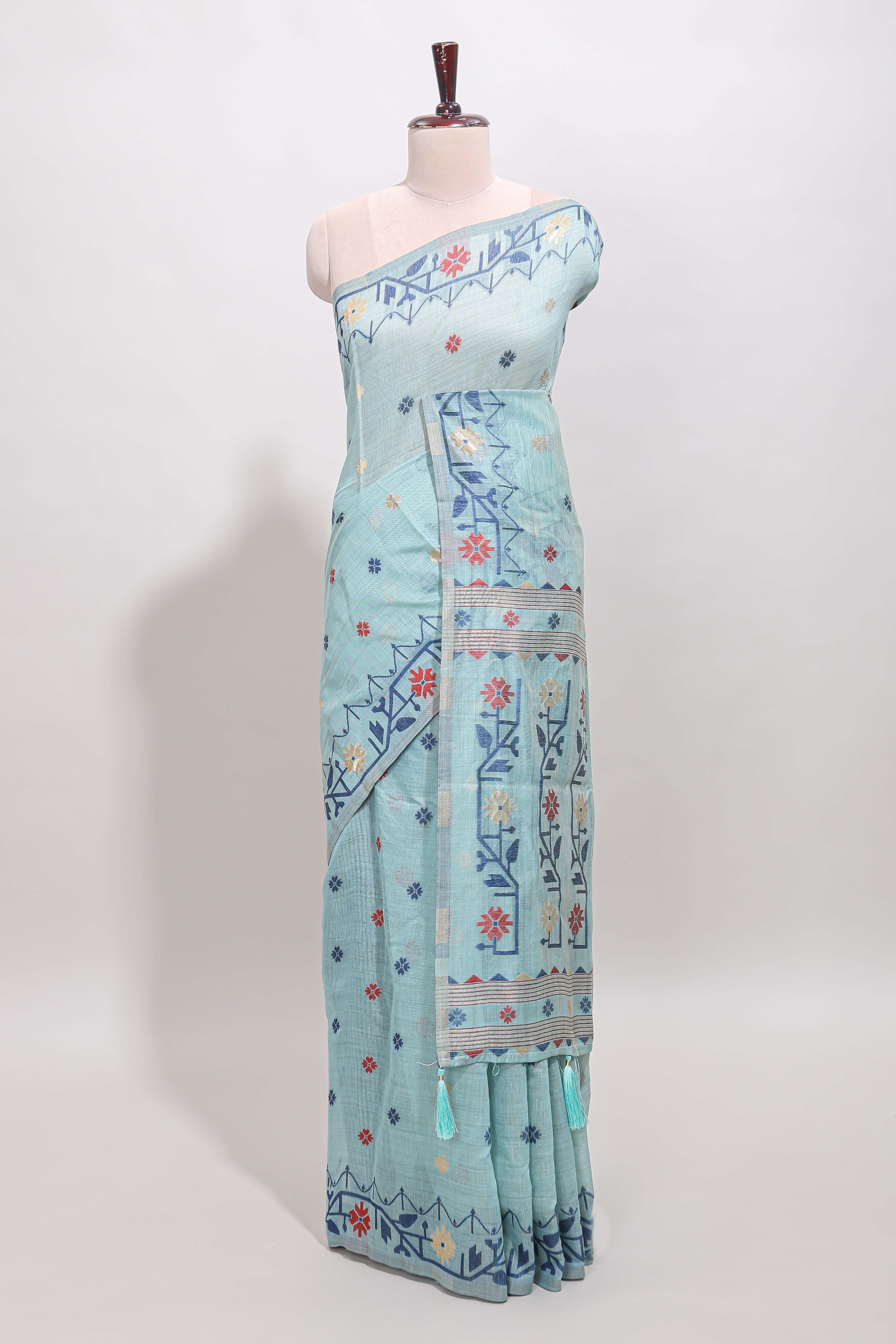 Blue floral motifs munga cotton saree with self border matching blouse