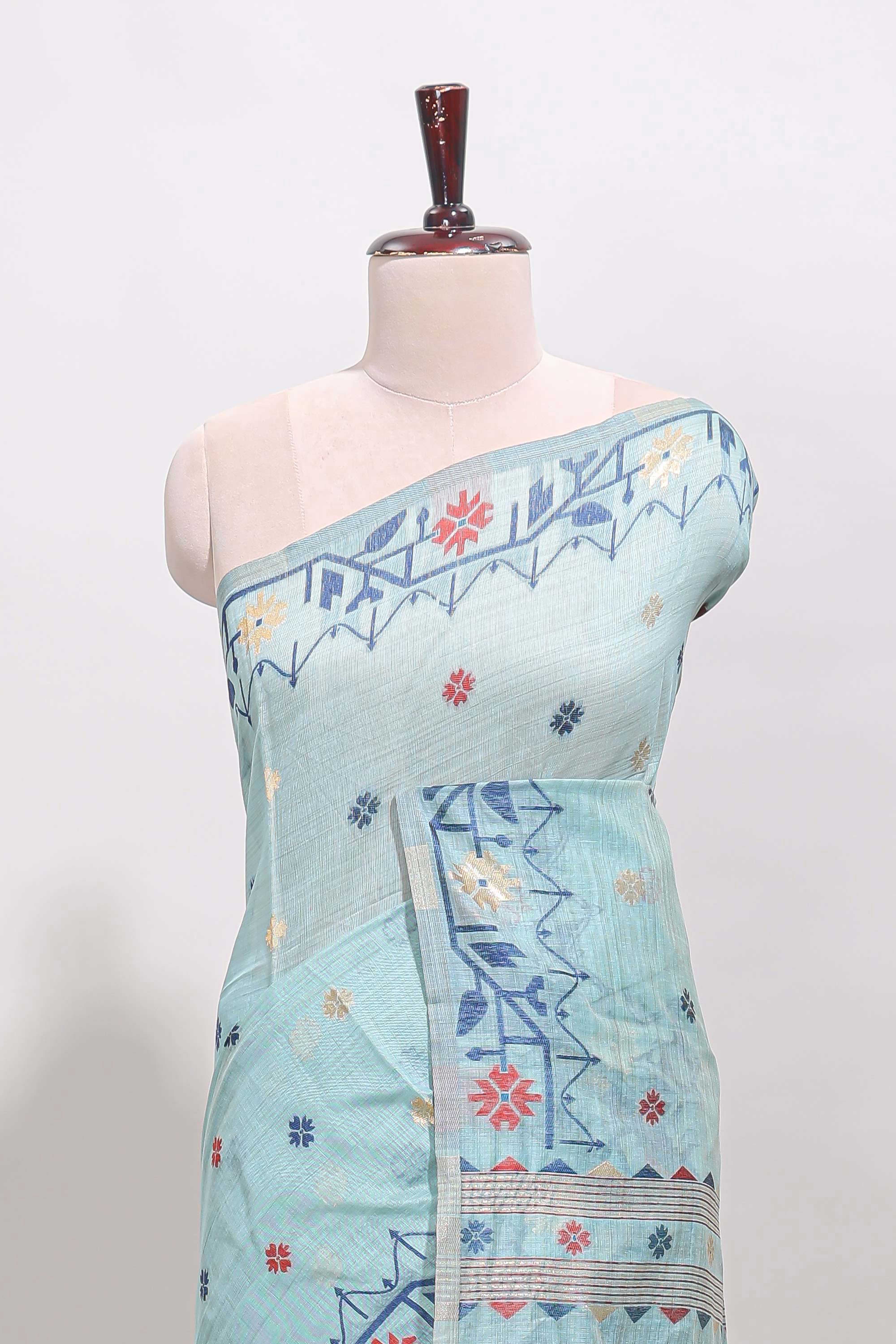 Blue floral motifs munga cotton saree with self border matching blouse