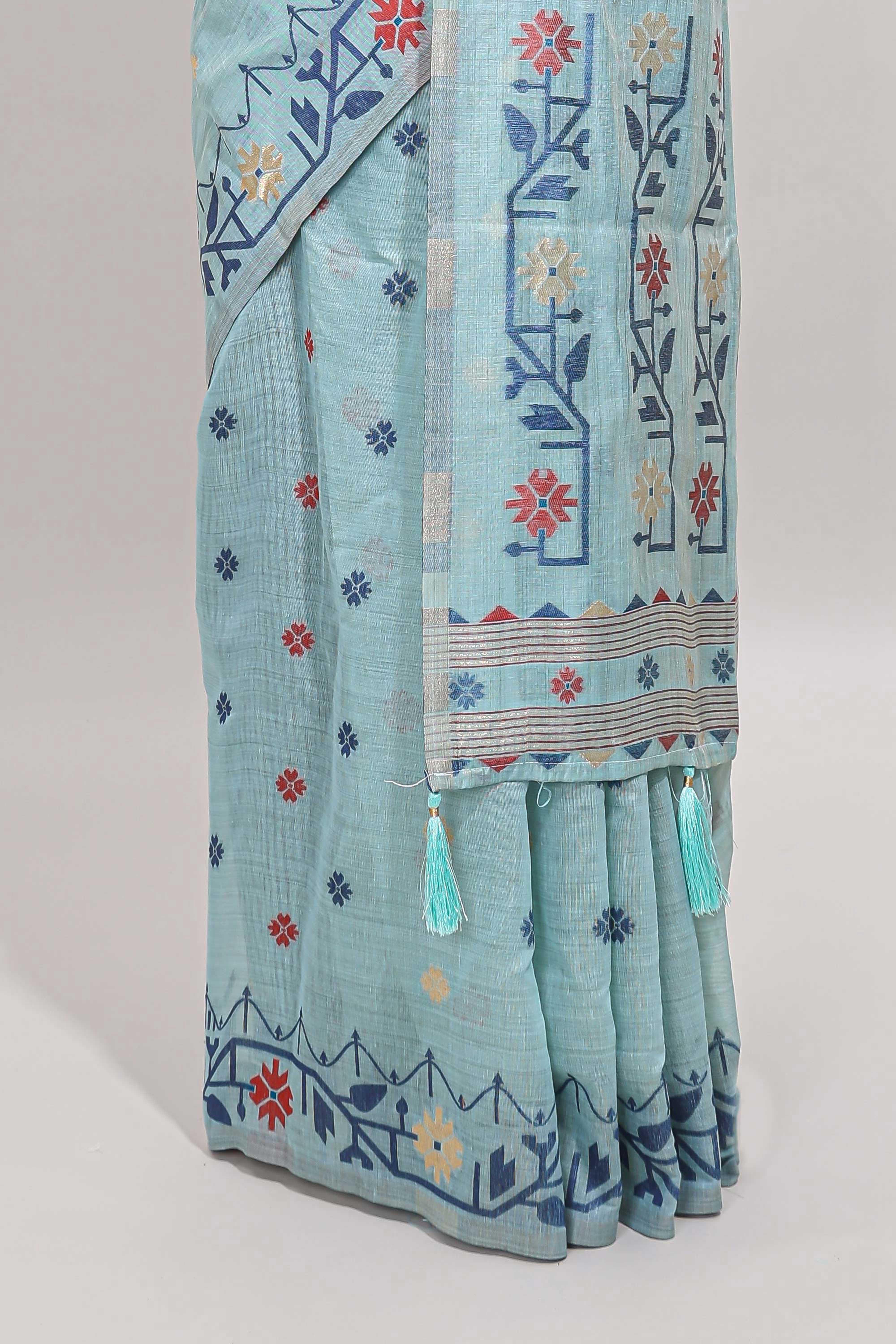 Blue floral motifs munga cotton saree with self border matching blouse