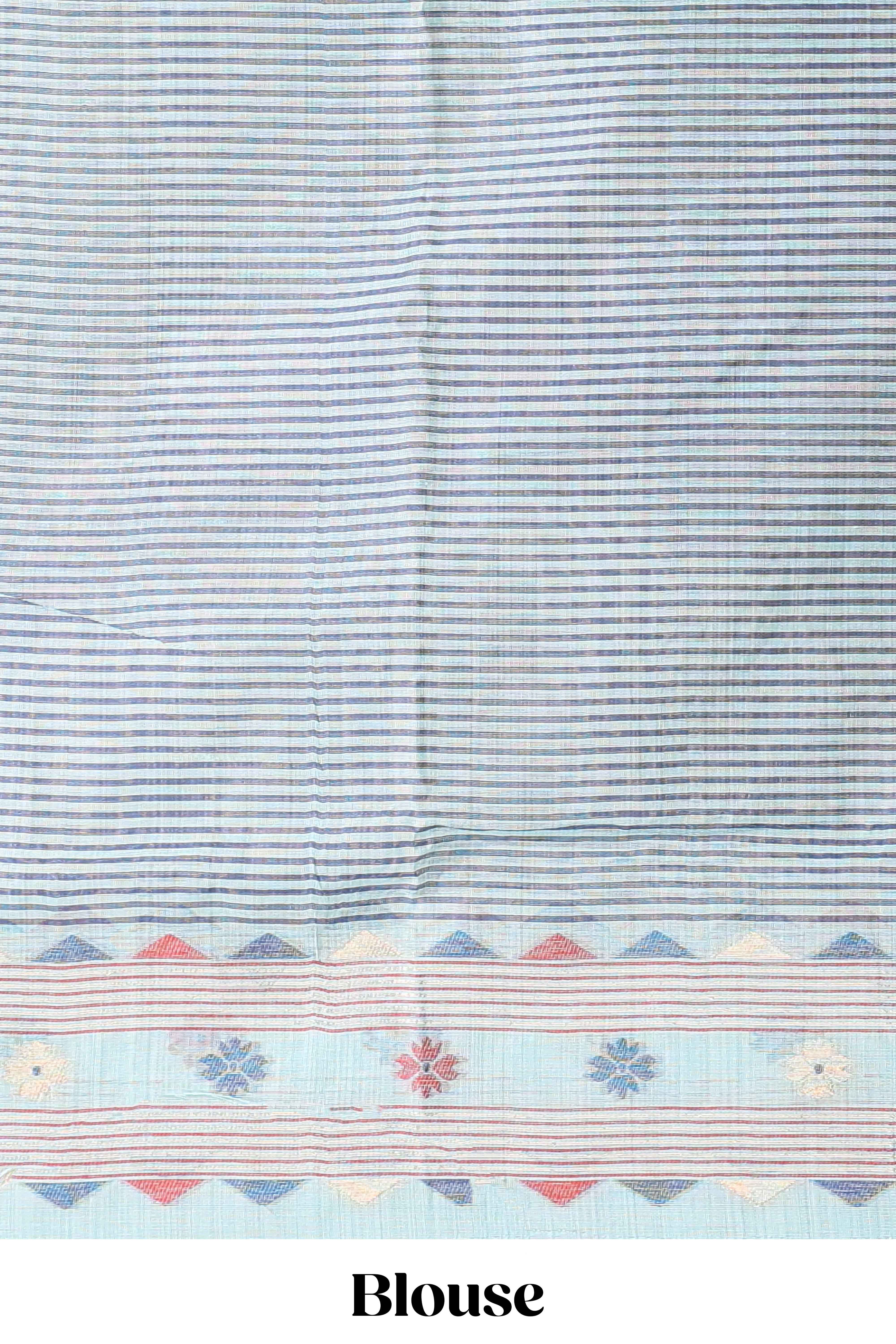 Blue floral motifs munga cotton saree with self border matching blouse