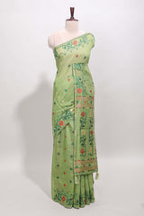Green floral motifs munga cotton saree with self border matching blouse