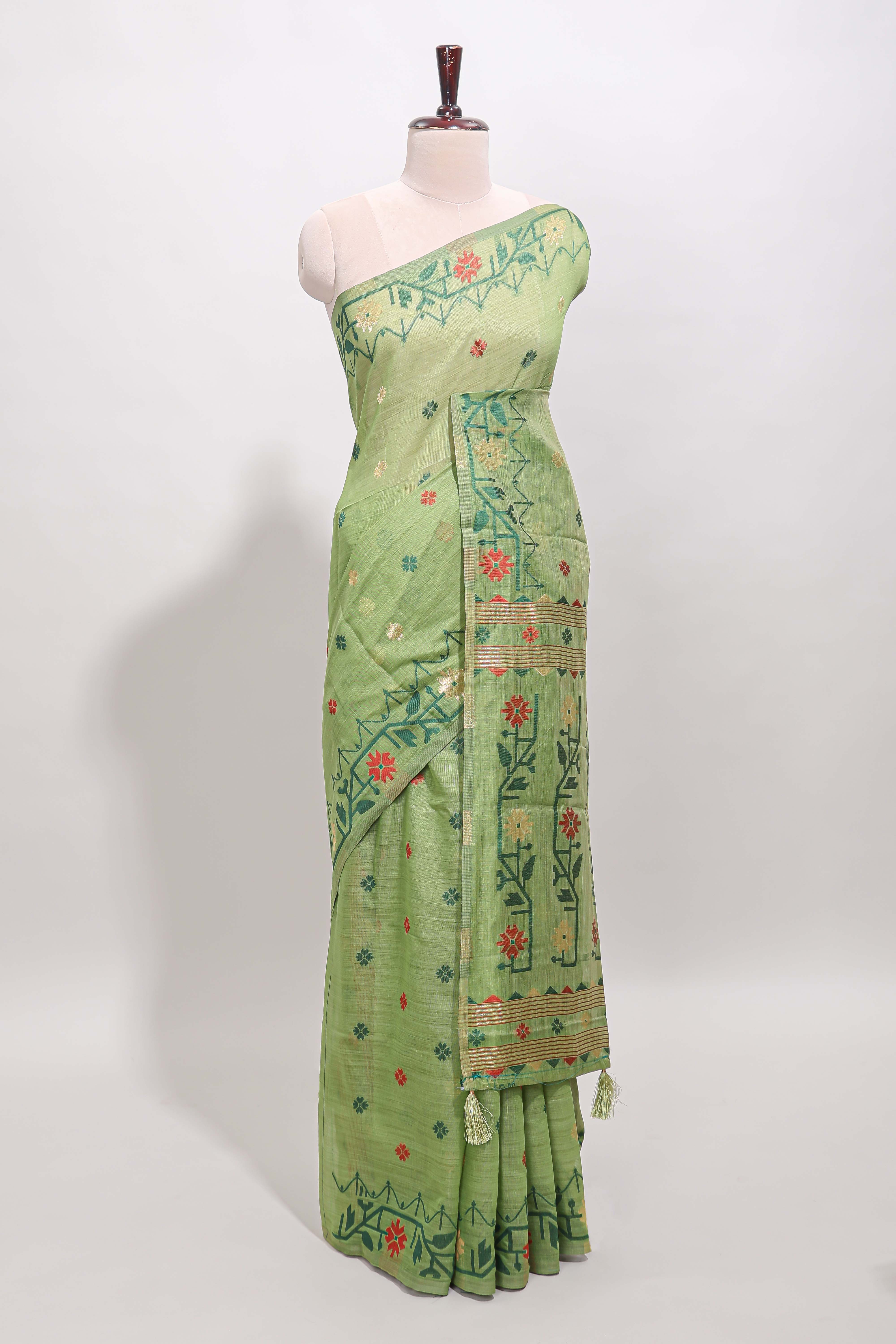 Green floral motifs munga cotton saree with self border matching blouse