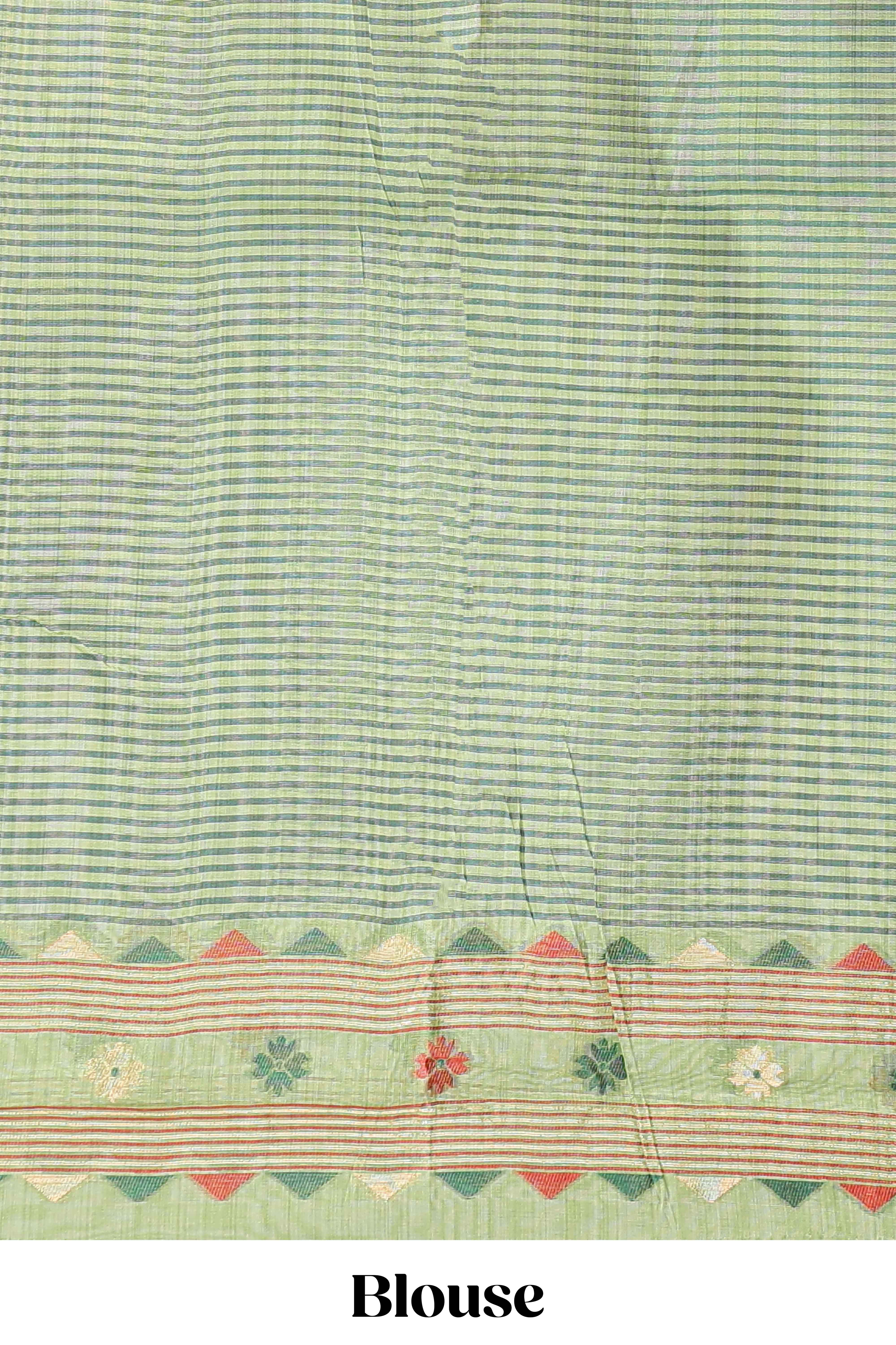Green floral motifs munga cotton saree with self border matching blouse