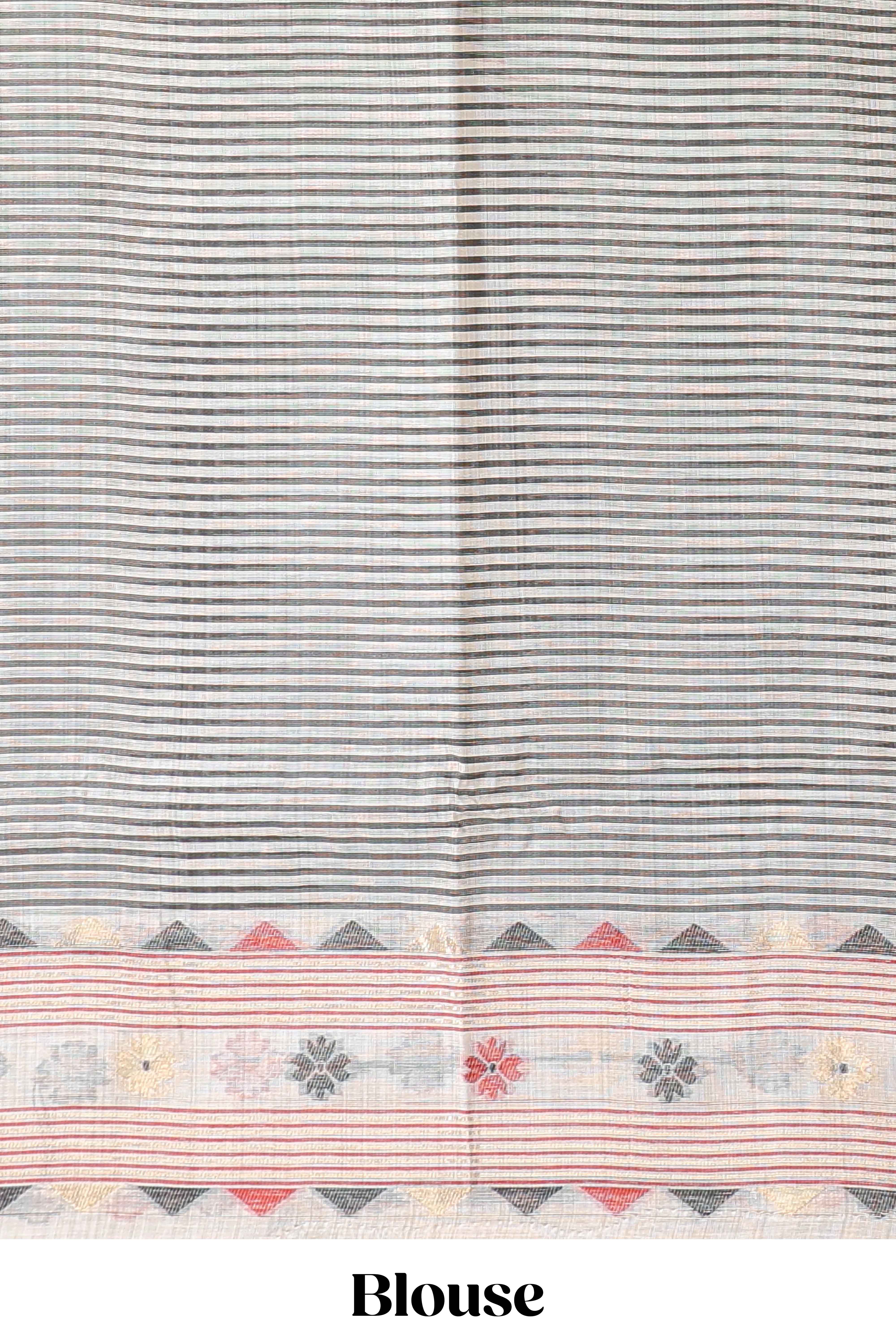 Cream floral motifs munga cotton saree with self border matching blouse