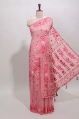 Pink floral motifs munga cotton saree with self border matching blouse
