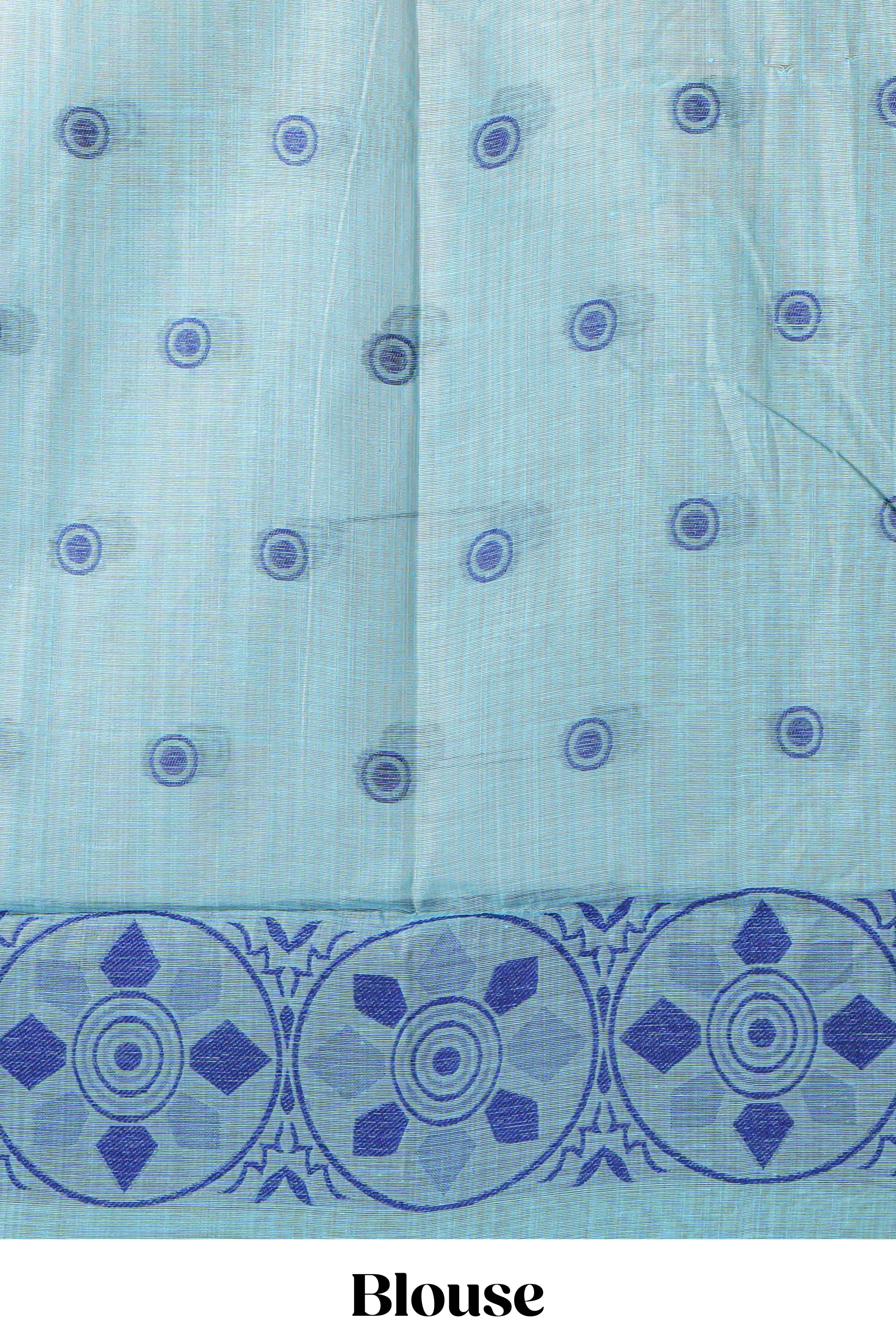 Turquoise colour munga cotton vertical thread lines thread weaving border with floral jaal thread pichwai pallu and self small butta blouse
