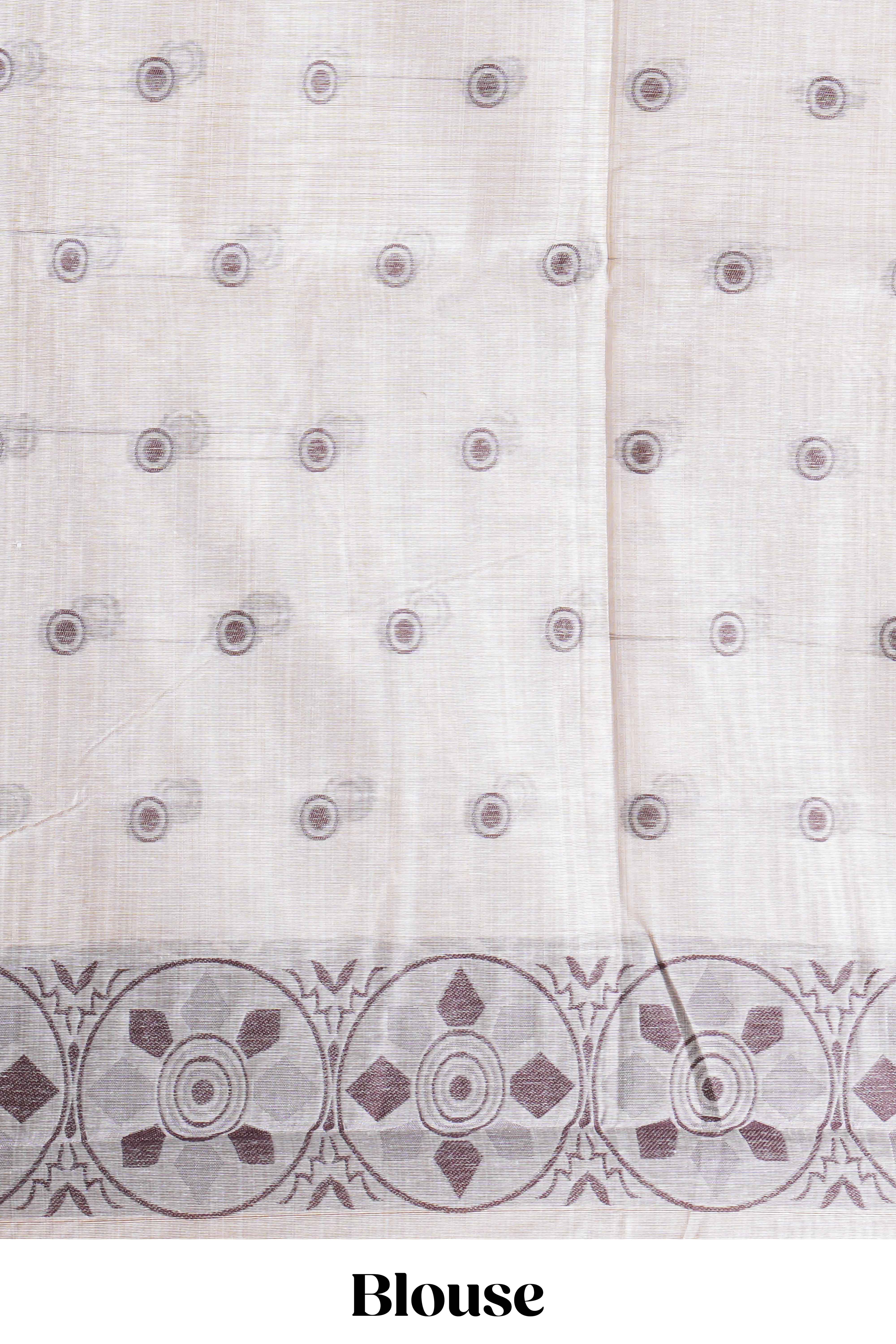 Beige colour munga cotton vertical thread lines thread weaving border with floral jaal thread pichwai pallu and self small butta blouse
