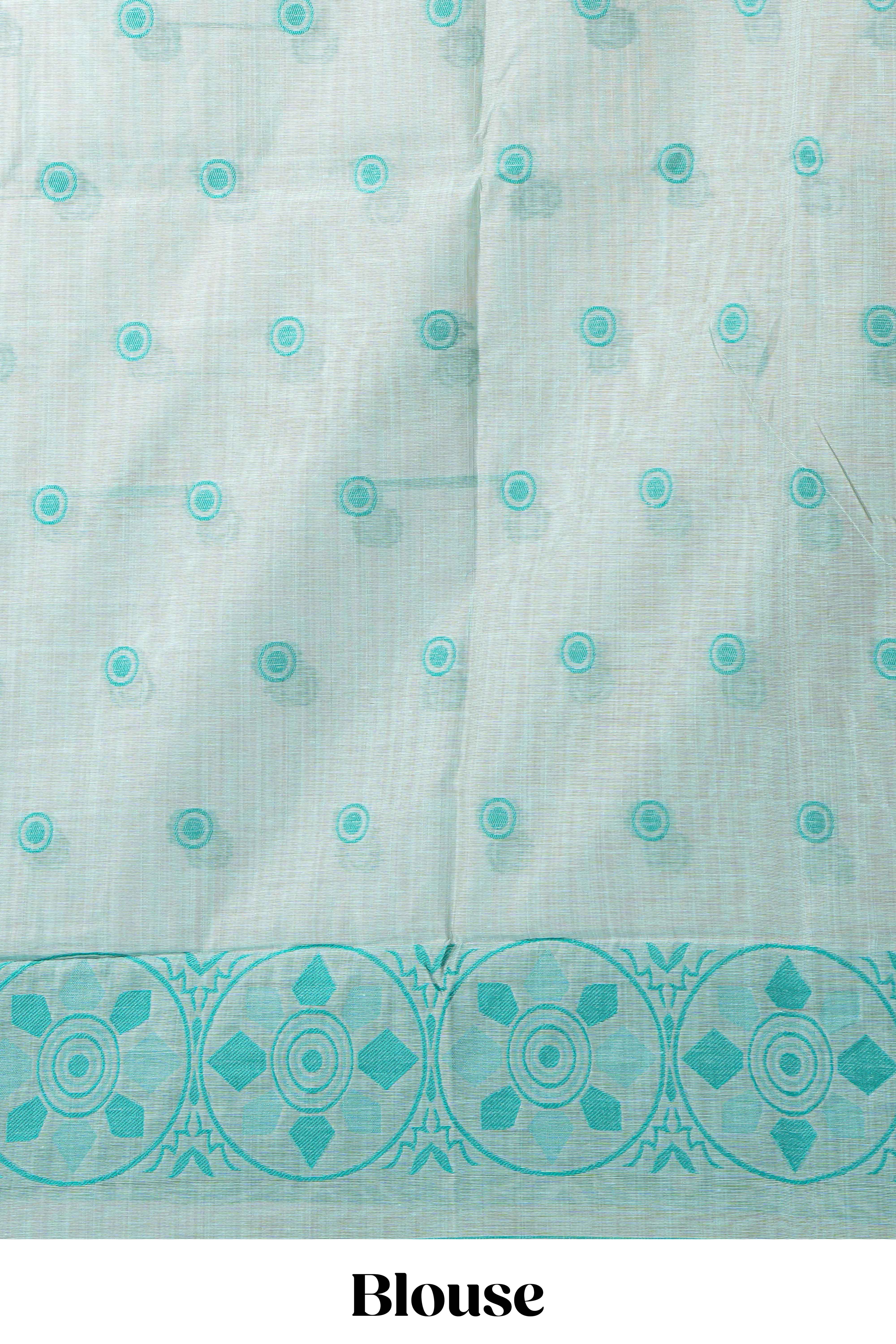 Cyan blue colour munga cotton vertical thread lines thread weaving border with floral jaal thread pichwai pallu and self small butta blouse