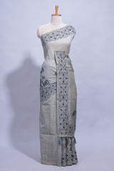 Grey colour munga cotton vertical thread lines thread weaving border with floral jaal thread pichwai pallu and self small butta blouse